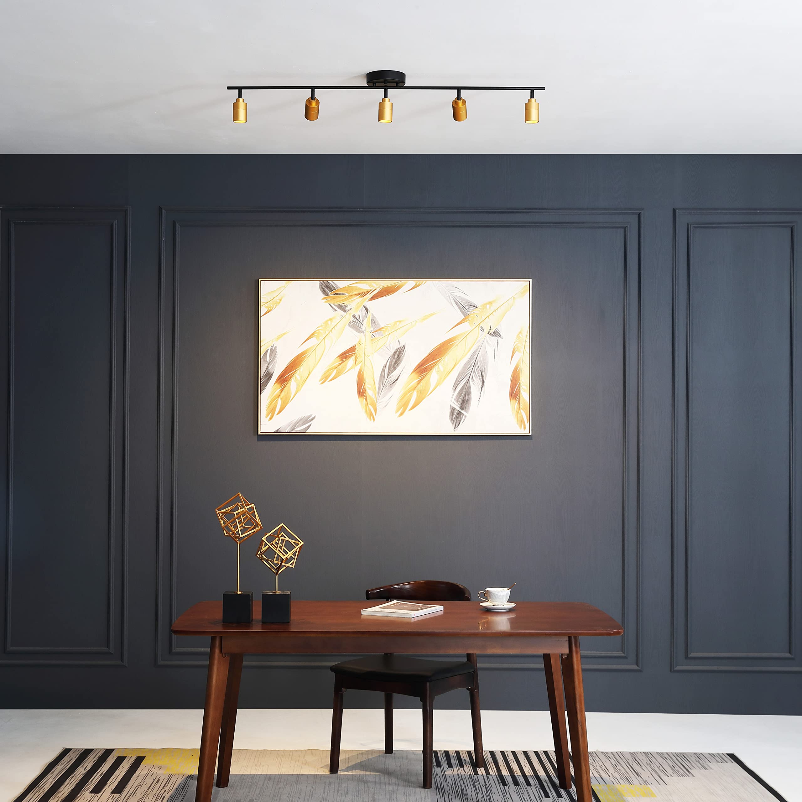 Shura Black & Brass 5-Light Track Light With Adjustable Heads, Integrated Led Bulbs, 4 Ft. Track Lighting Kit Ceiling Light, 300