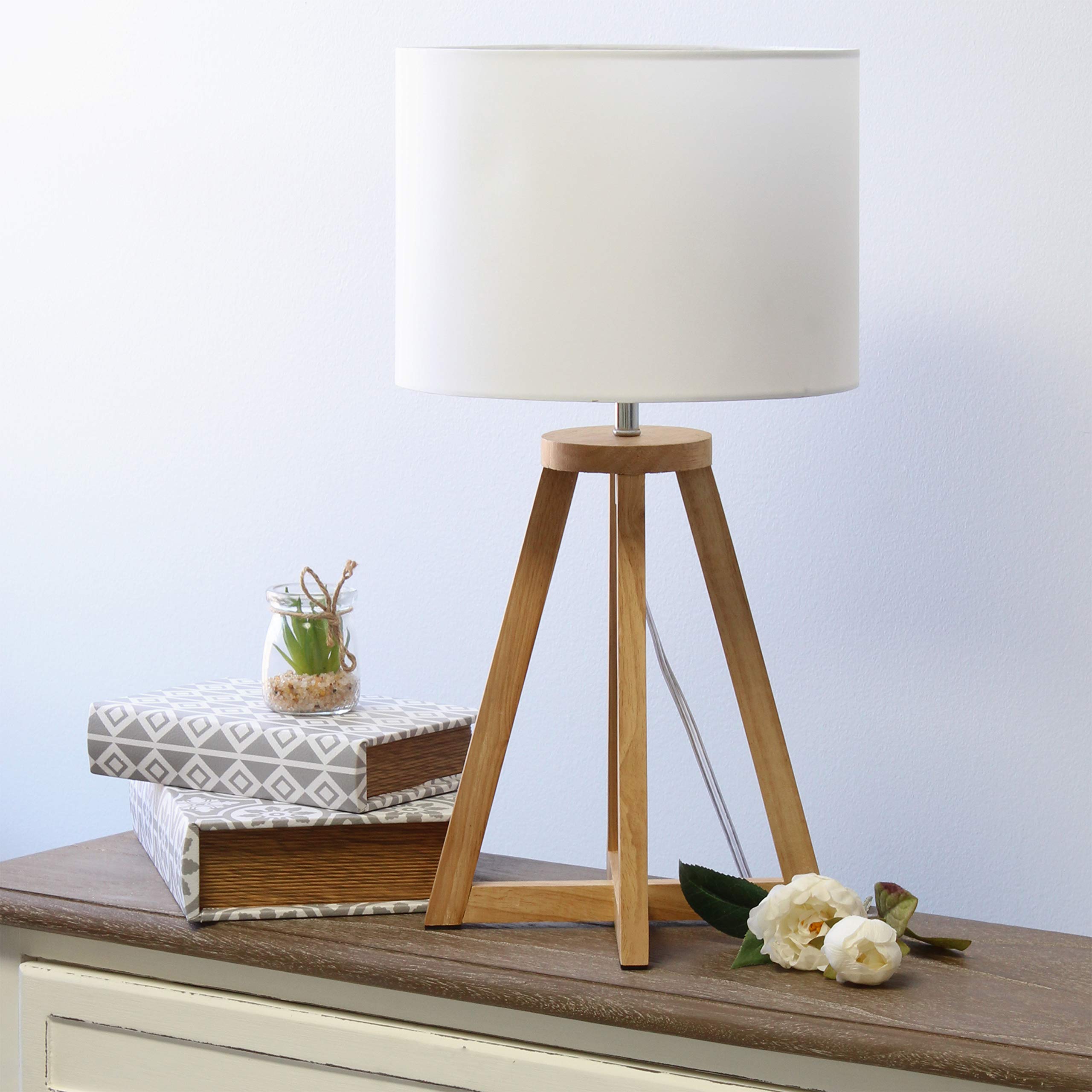 Simple Designs Lt1069-Nwh Interlocked Triangular Natural Wood Table Lamp With White Fabric Shade