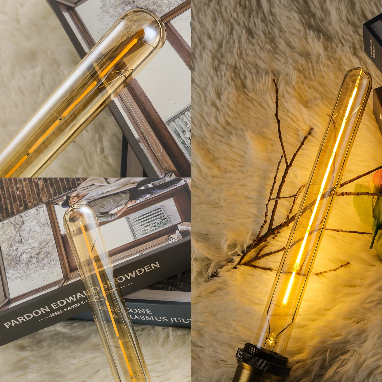 Leools T300 LED Bulbs, 12W Dimmable Tubular, 100W Equivalent, 11.8in Amber Glass, 2700K Warm White, E26 Edison,