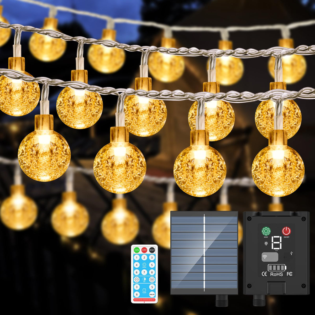 GOODEA.fun Solar String Lights Outdoor, 56FT 100LED Solar Lights with Remote, IP65 Waterproof, Solar Crystal Globe Patio Lights,
