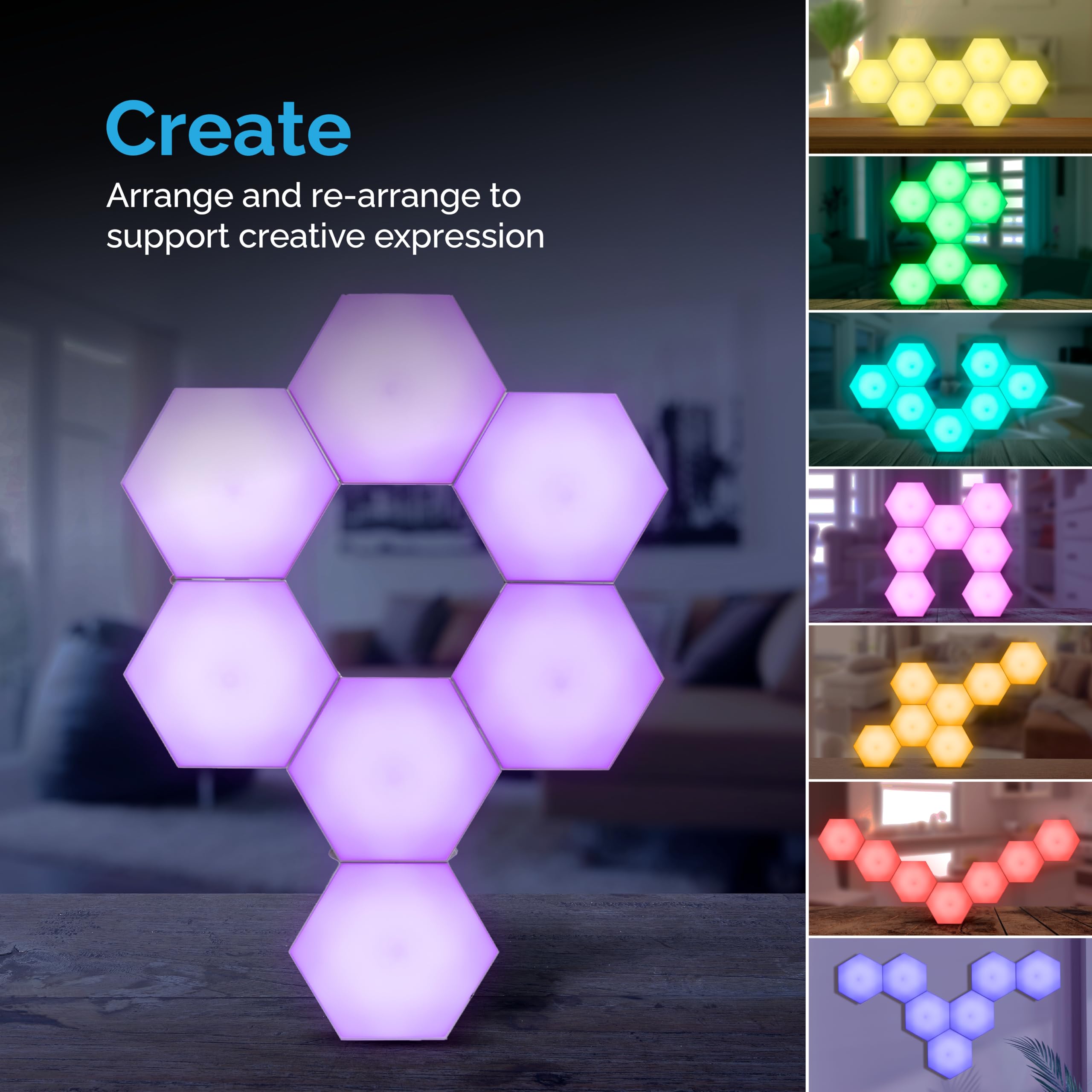 Emberela HEXlights 7-Pack RGB Hexagon LED Wall Panels - Touch & Remote Control, Plastic, Game Room Decor, Model ESEMHL-7