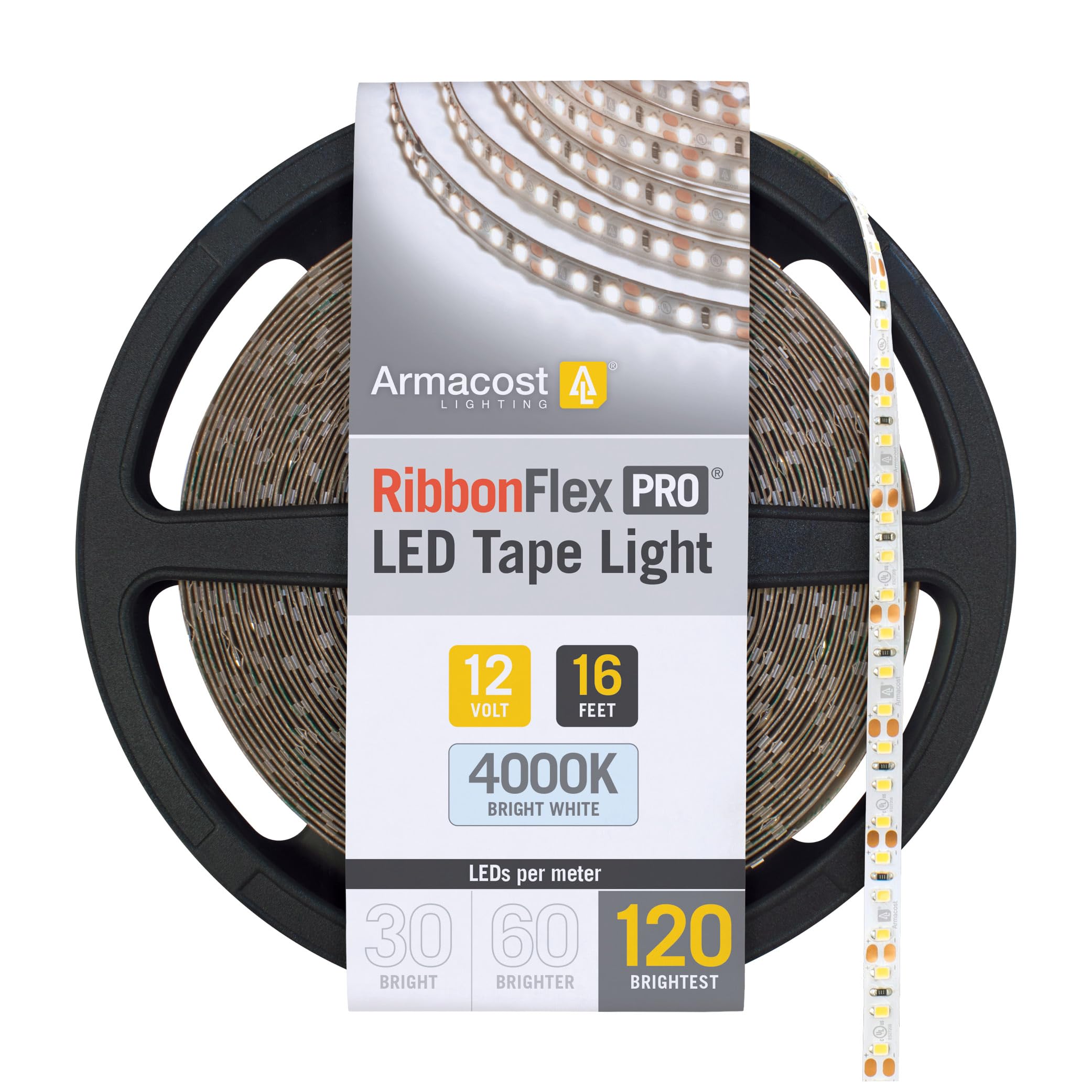 Armacost Lighting RibbonFlex Pro LED Tape Light 16.4 ft 120 LEDs/m Bright White 4000K 12V Model 153230