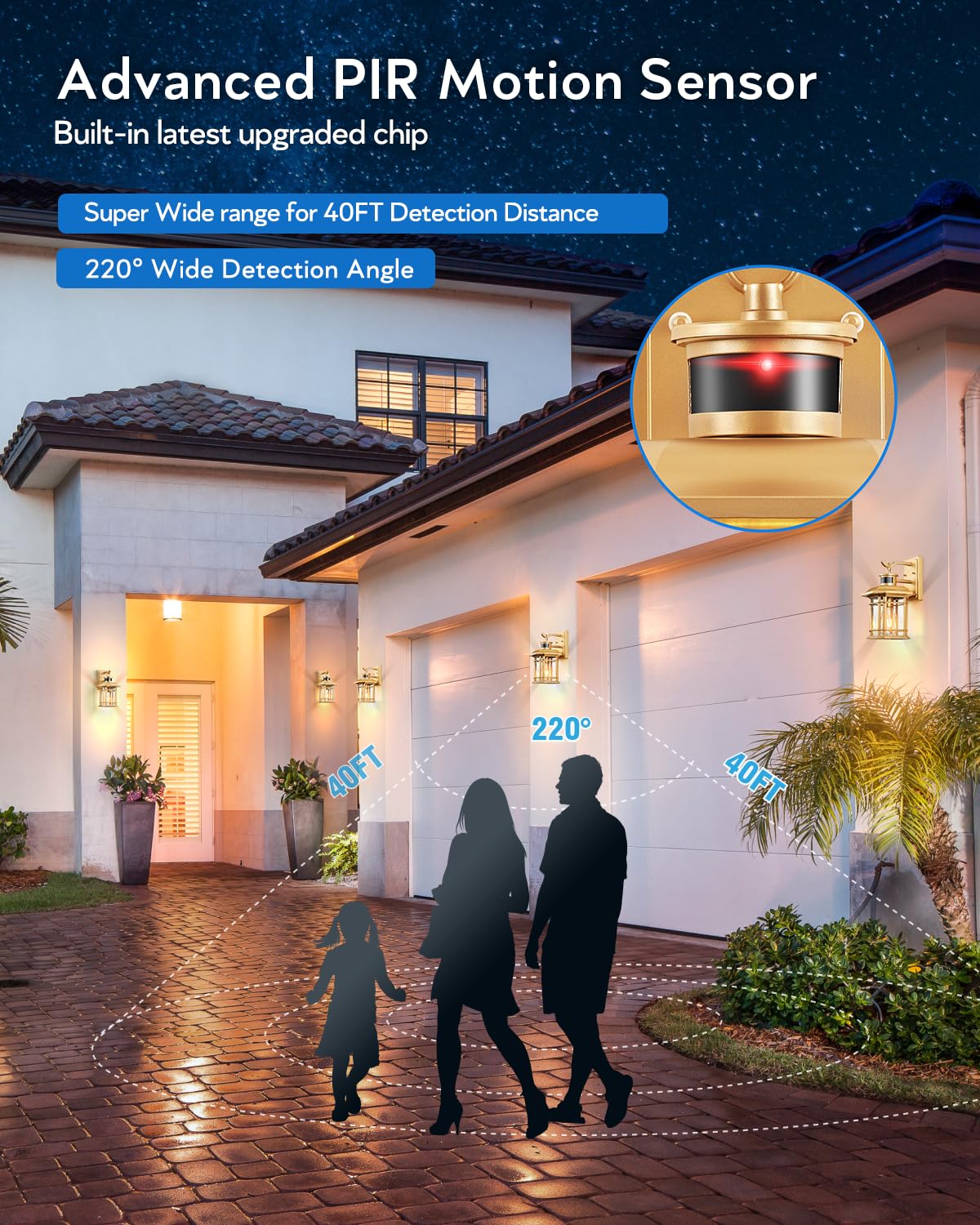 Vianis Gold Motion Sensor Porch Light - Dusk To Dawn Waterproof Carriage Lantern For Outdoor Use