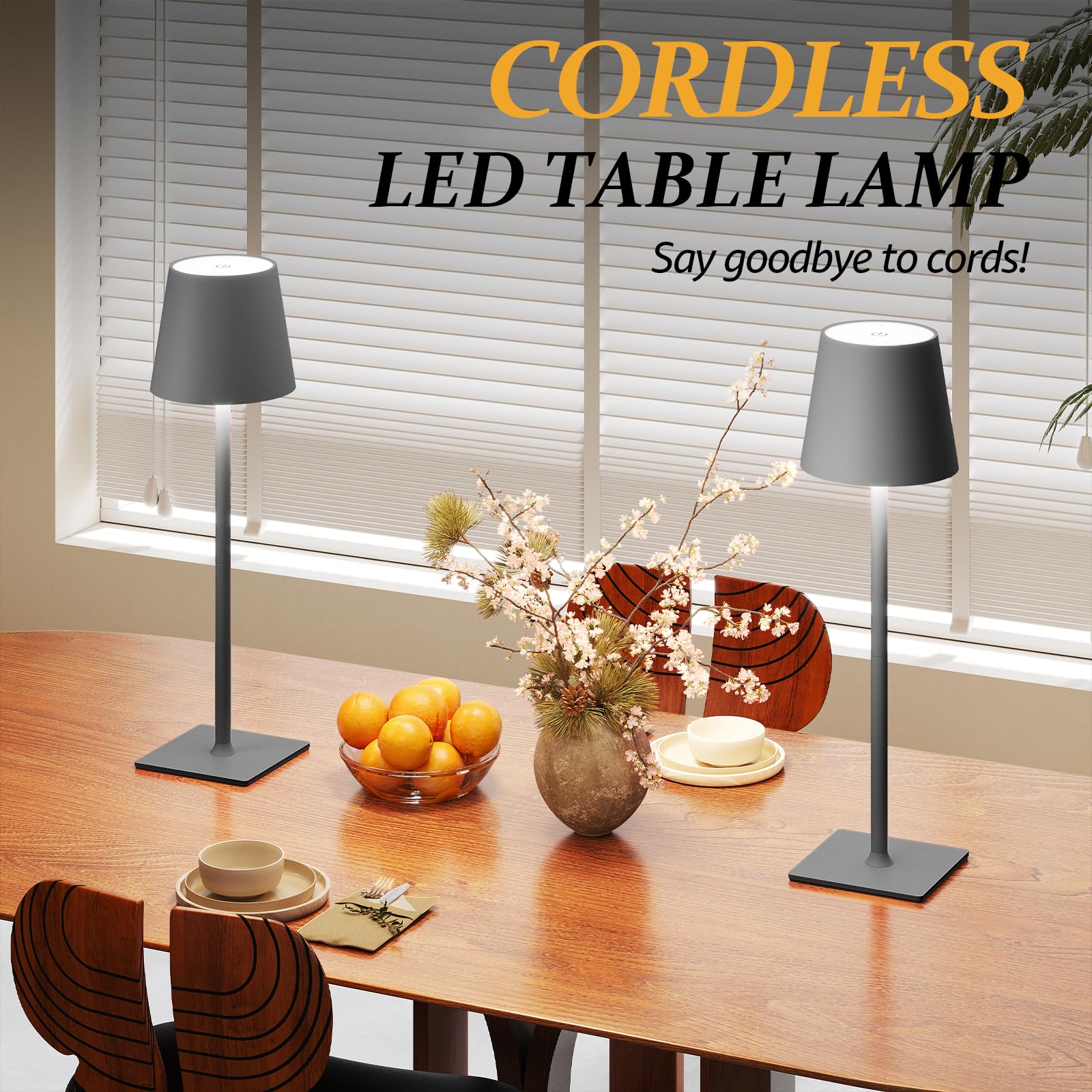 CHLORANTHUS 2 Pack Cordless Table Lamps, Stepless Dimming, 5000mAh Battery, Grey, Model: table-lamp -15, Ideal for Bedroom & Dining