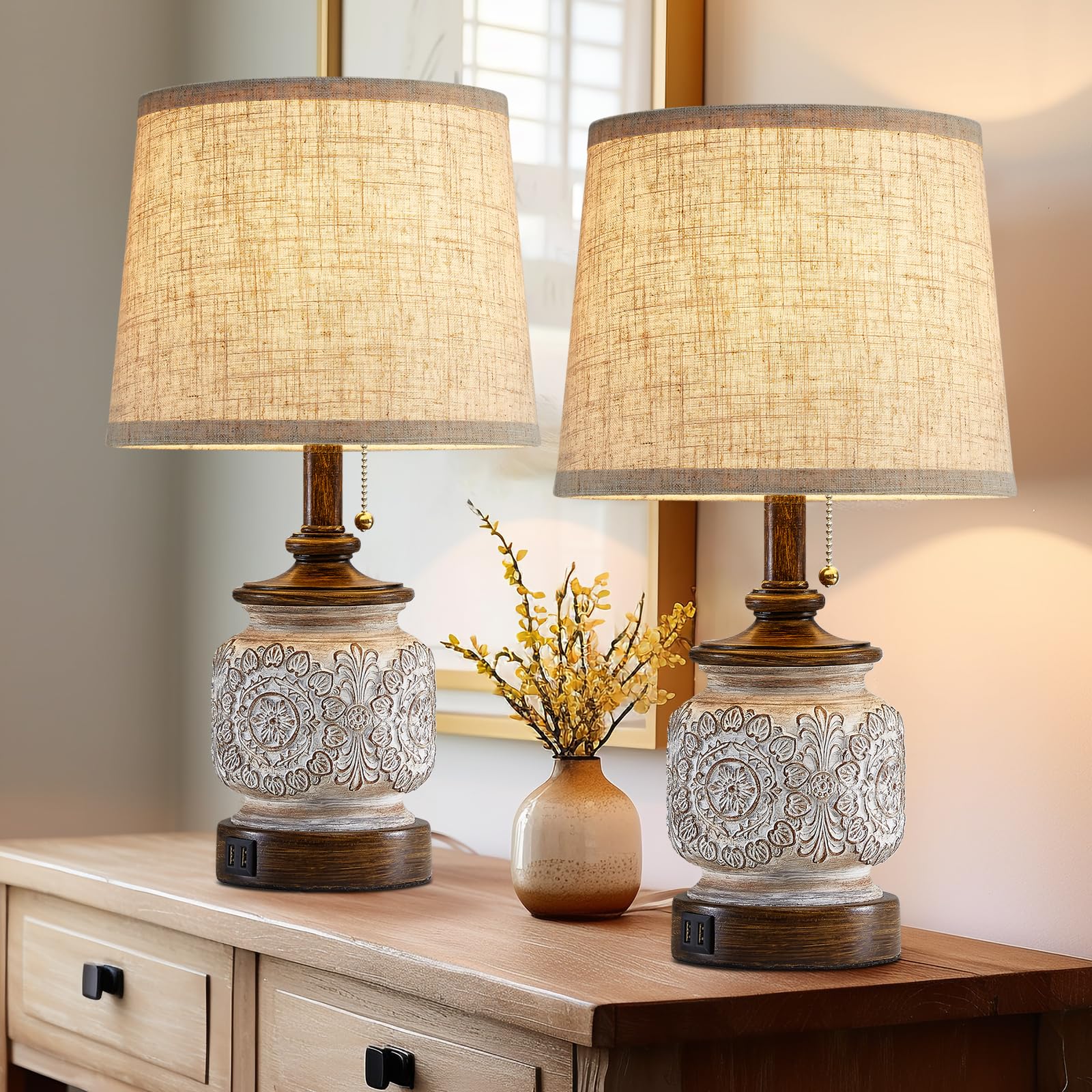 19.5'' Farmhouse Table Lamps for Bedrooms Set of 2 Vintage Bedside Lamps for Nightstand with USB Charging Ports Traditional Rusi