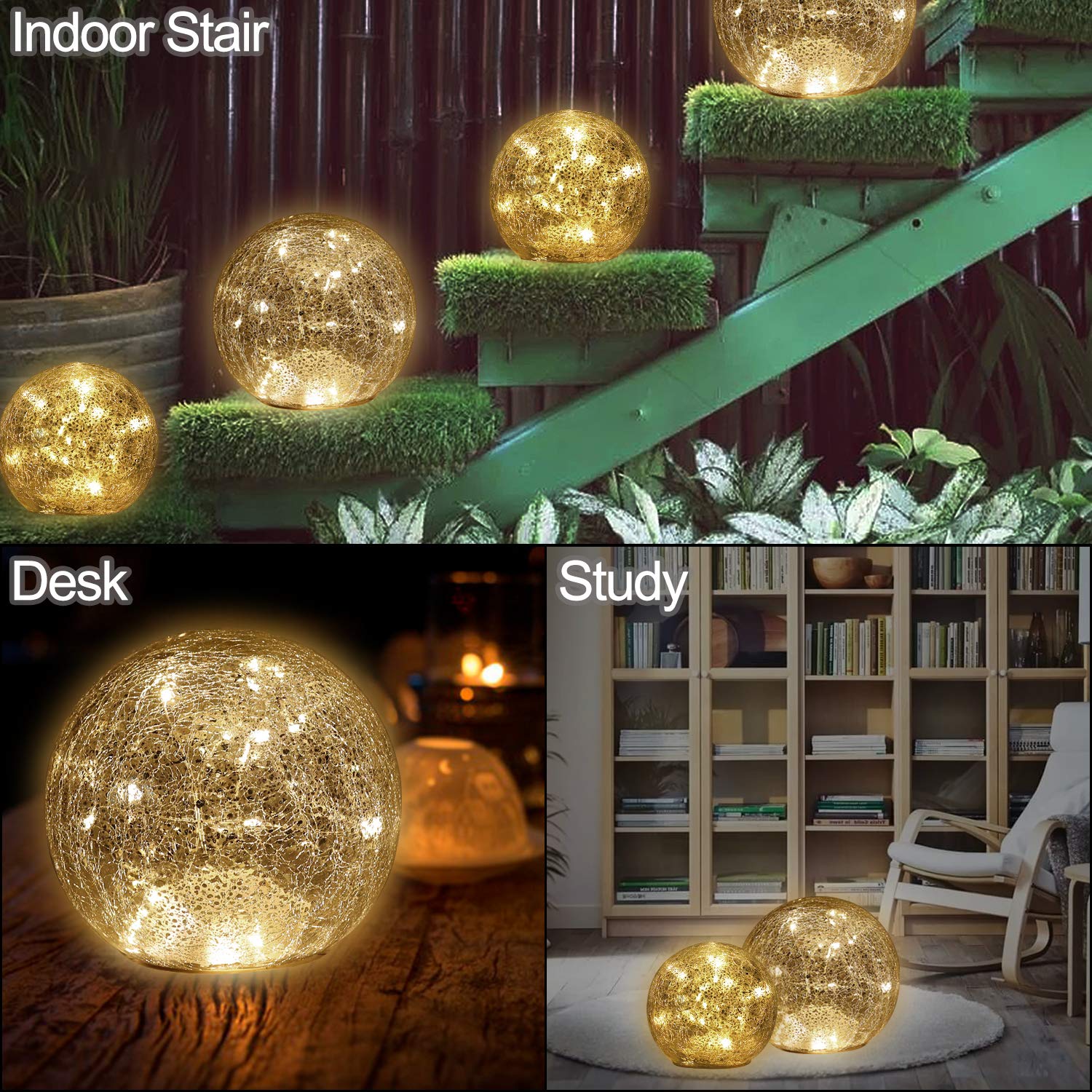 IdealXmas Glass Mercury Crackle LED Globe Ball Lamp - Battery Operated Night Light, Warm White, Model CA3291, Perfect for Gifts and Decor