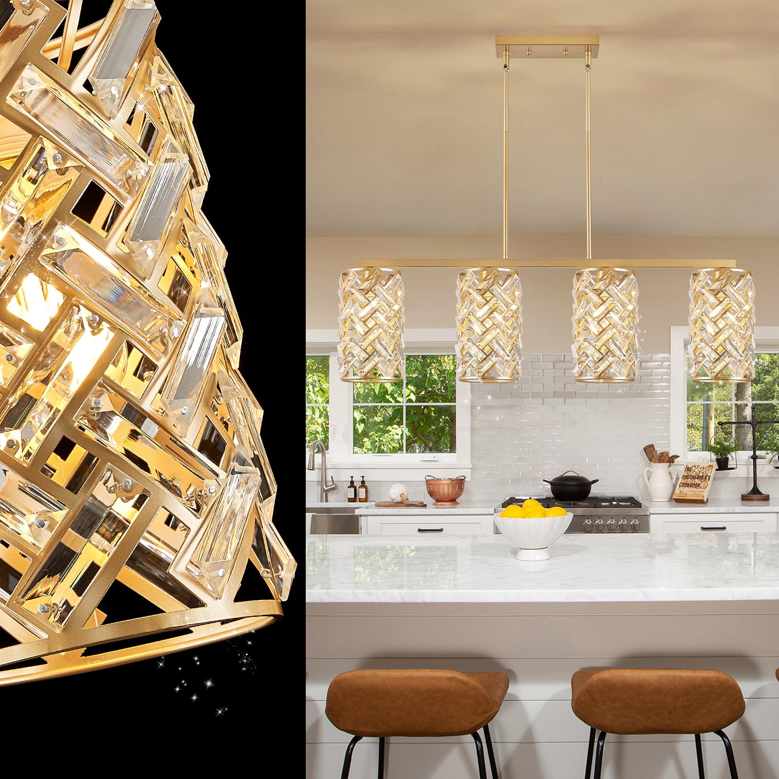 CATINER Gold Crystal Kitchen Island Lighting 40'' Modern Linear Chandelier 4 Lights Ceiling Pendant Light Fixture Luxury for Kit