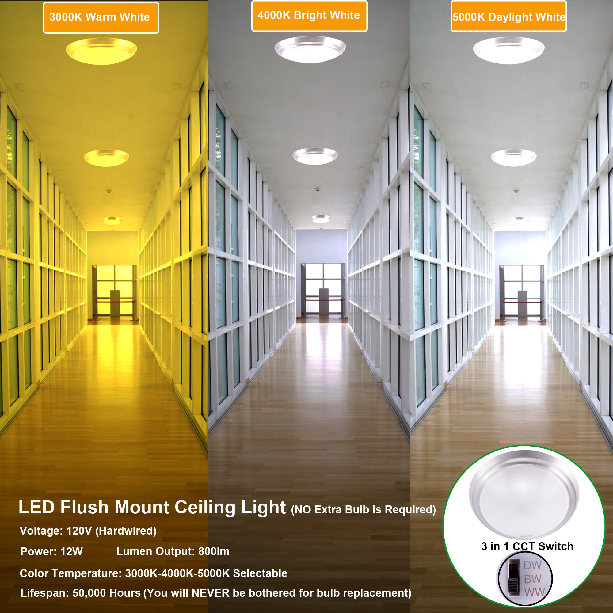 Gruenlich LED Flush Mount Ceiling Light, 12W (75W Replacement), 800 Lumen, 3 CCT, 7 Inch Nickel, Aluminum Housing, 2-Pack