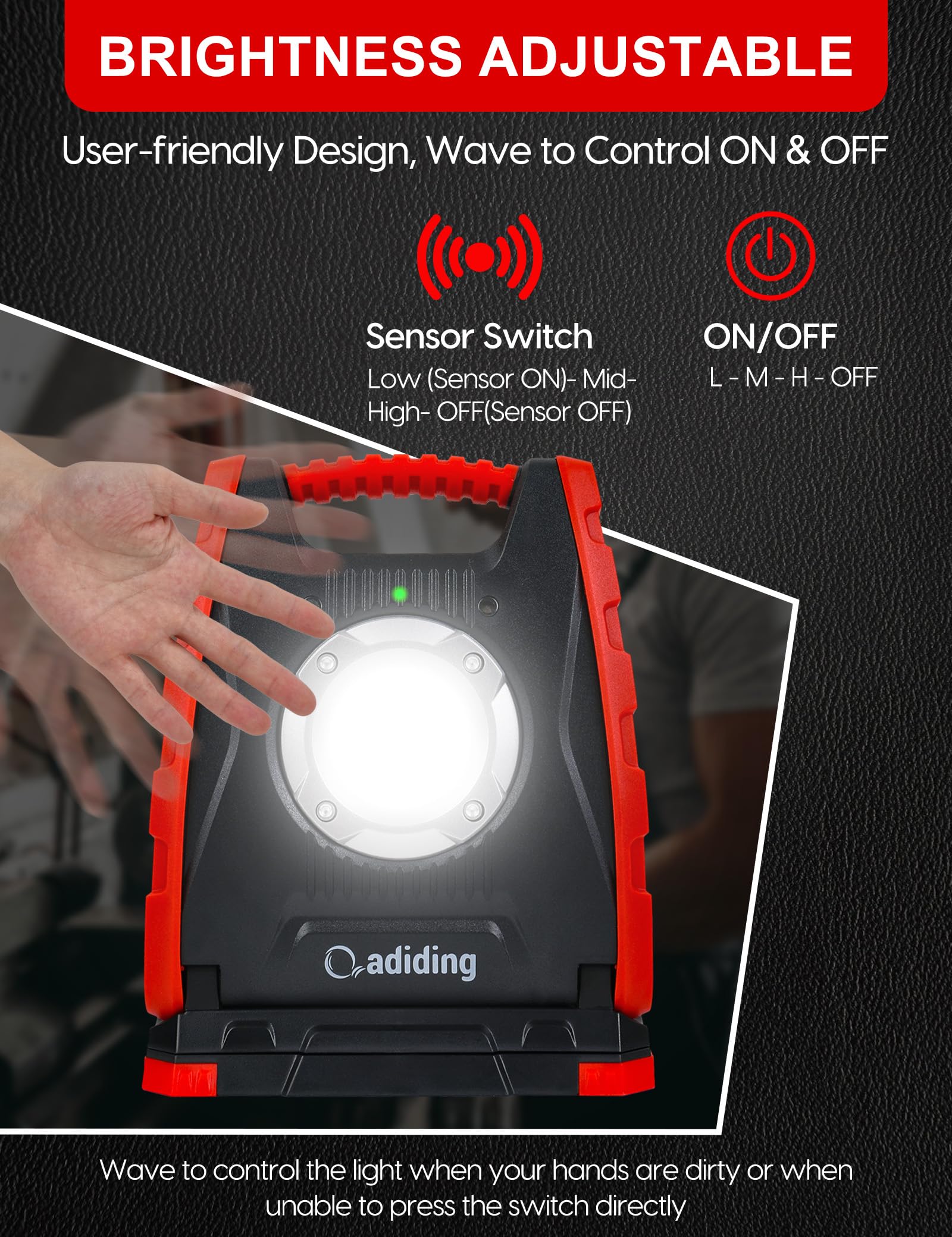 Adiding 4400Mah Rechargeable Led Work Light, Portable Flood Light Underhood Work Light With Sensor & 360 Rotation Magnetic Base,