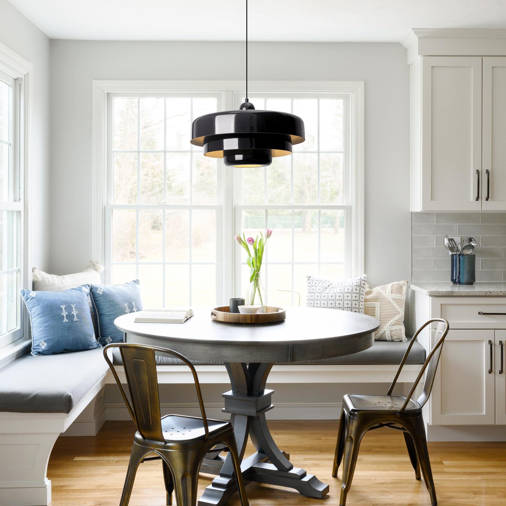 Doungros Black Pendant Light With Plug In Cord Modern Pendant Lighting 3-Layer Nordic Style Metal Shade Hanging Light Fixtures Hanging Lamp For Kitchen Island Dining Room Bedroom