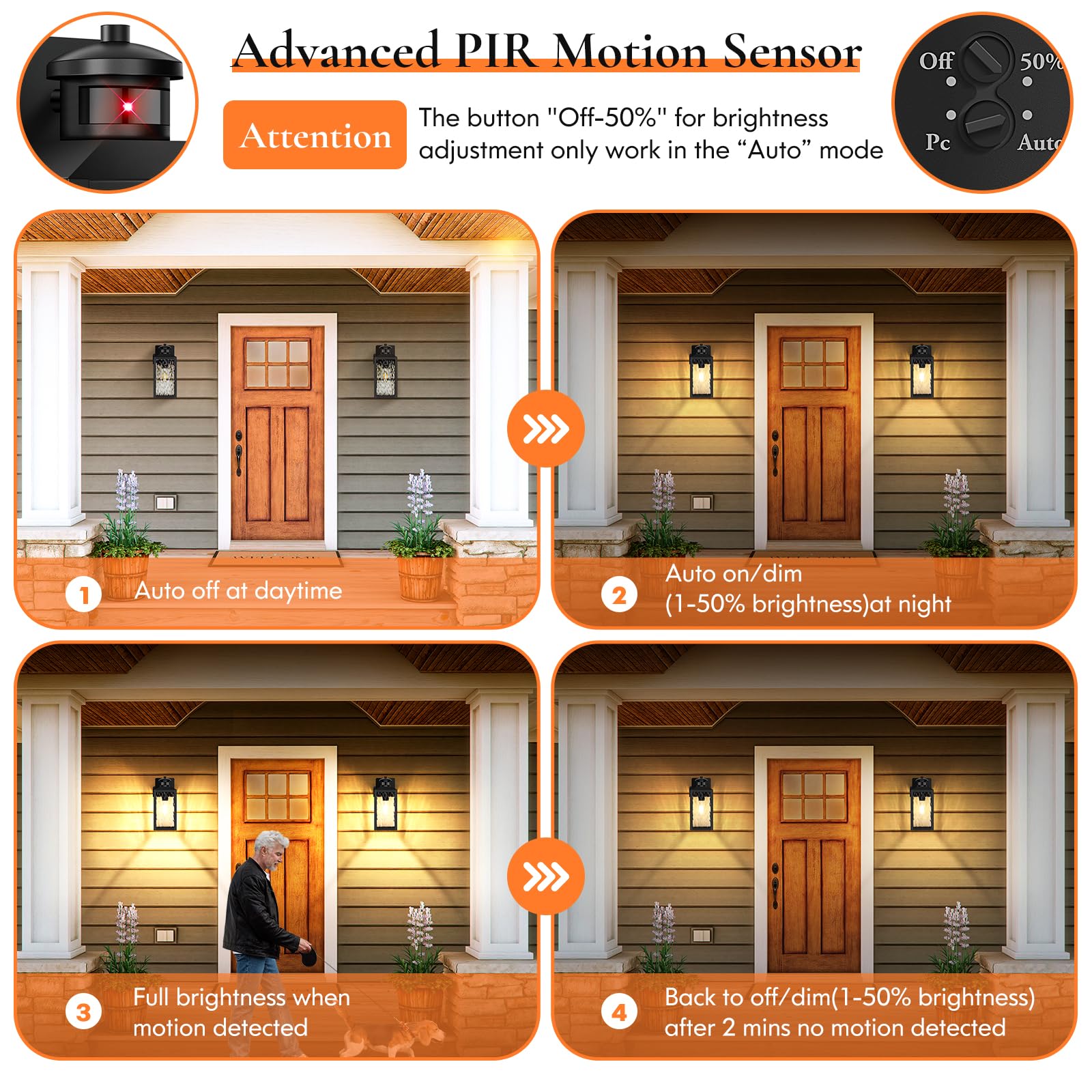 Motion Sensor Porch Lights With Outlets, Black Dusk To Dawn Outdoor Lighting, 3 Lighting Modes Exterior Light Fixtures With Wate
