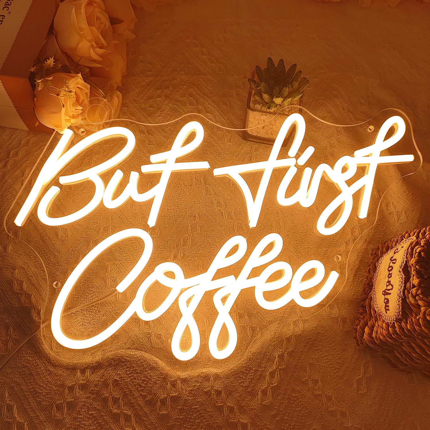 SYLHOME Neon Light Sign, inBut First Coffeein, Warm White, USB Powered, 17in x 10.2in, Model NS-ZF12V-AMZ-ButFirstCoffee-WW