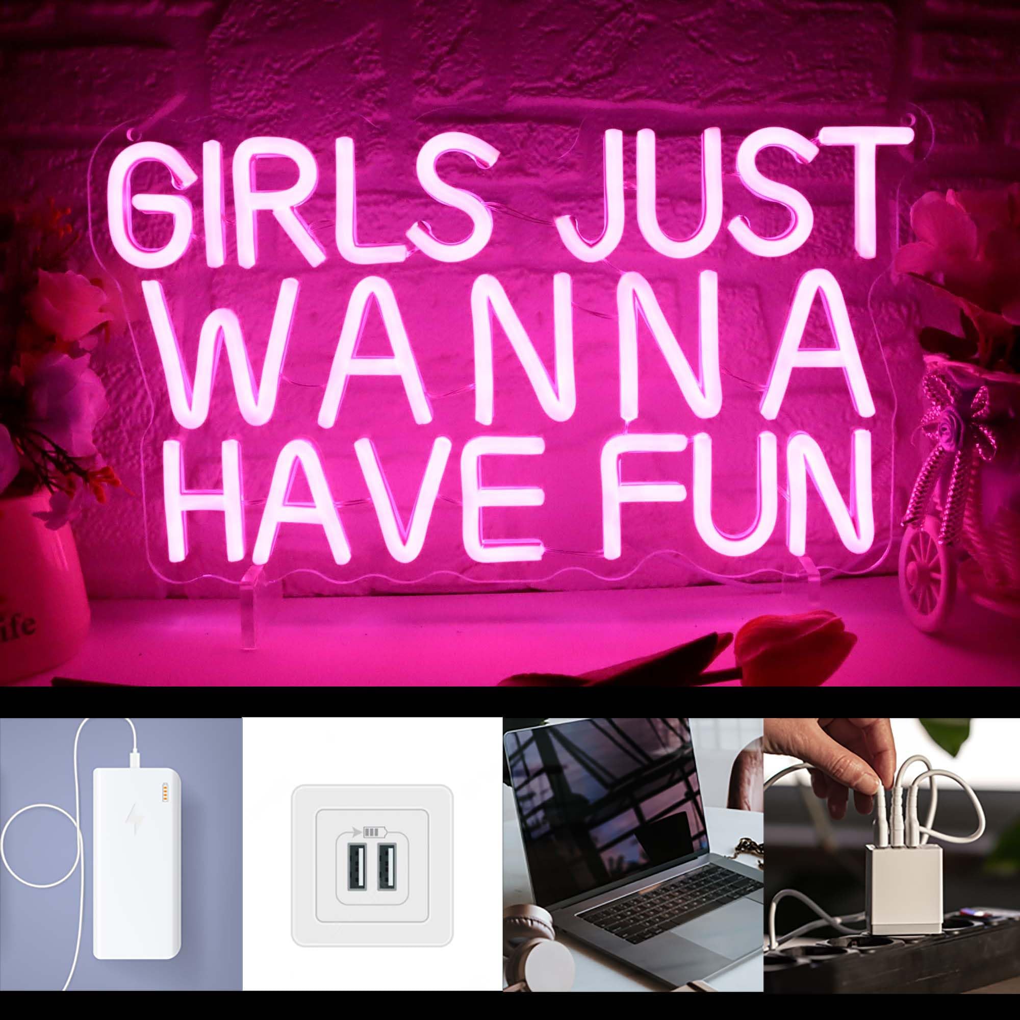 Dracey LED Neon Sign - Girls Just Wanna Have Fun, 8.4x14.9in Acrylic Wall Decor, Pink Retro Light for Bedroom, Wedding, Party