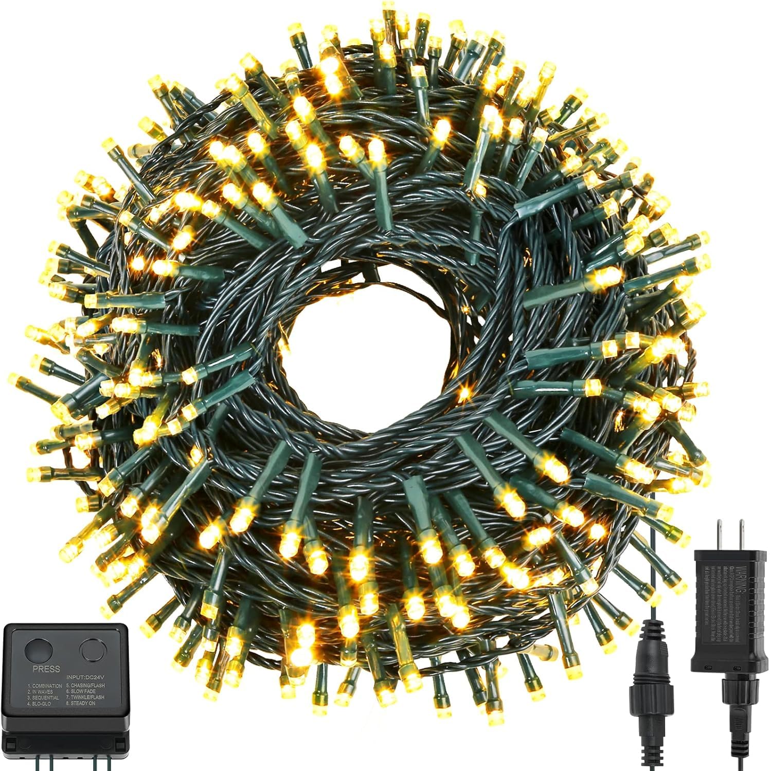 QUWIN Waterproof LED Outdoor Christmas String Lights, 115Ft 300 LED UL Certified 8 Modes with End-to-End Plug, Indoor & Outside Fairy Light for Christmas Tree, Patio, Wedding, Party (Warm White)