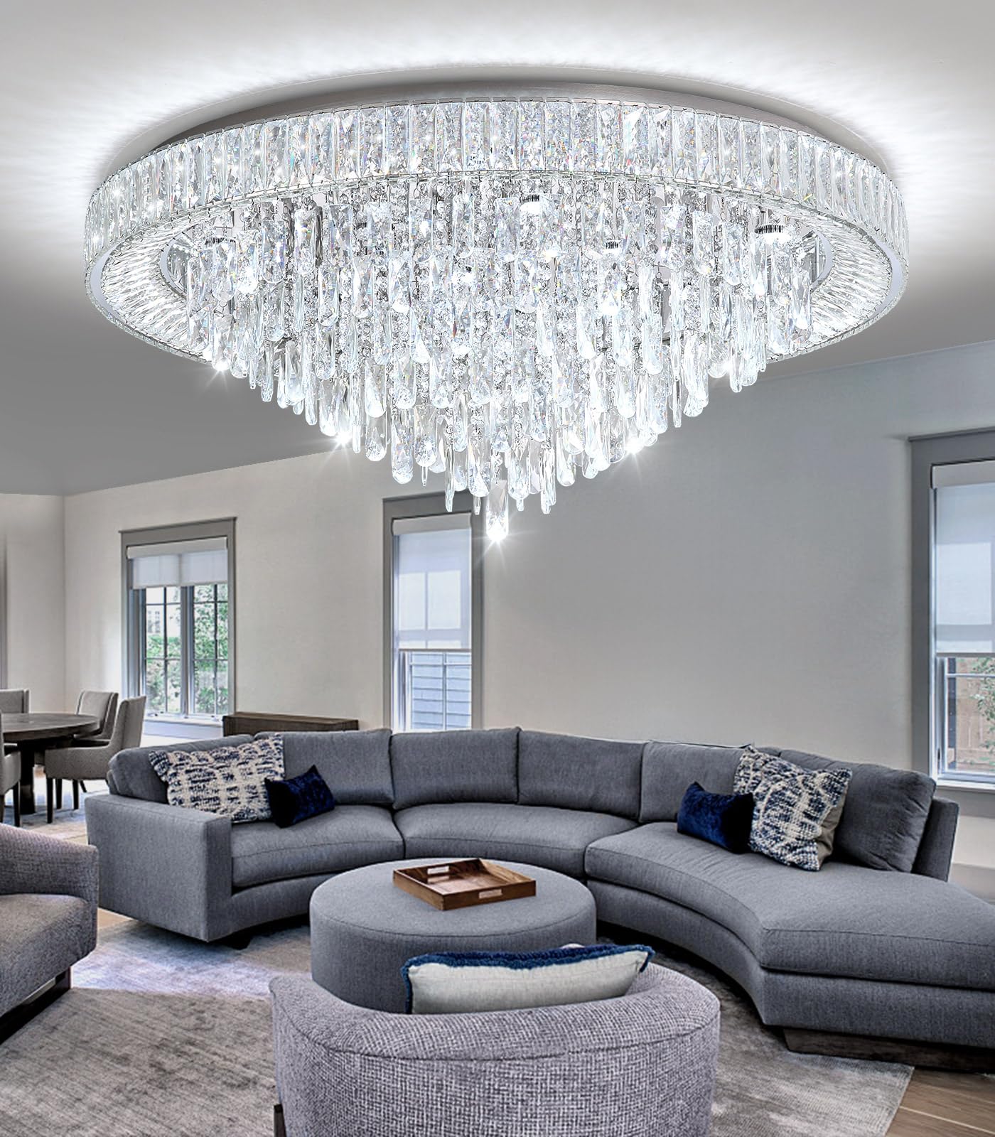 dolria Crystal LED Chandelier, Modern Flush Mount, 39.3'' Width, Silver, Model PC1019-100S, Dimmable for Living Room, Foyer, Bedroom, Dining