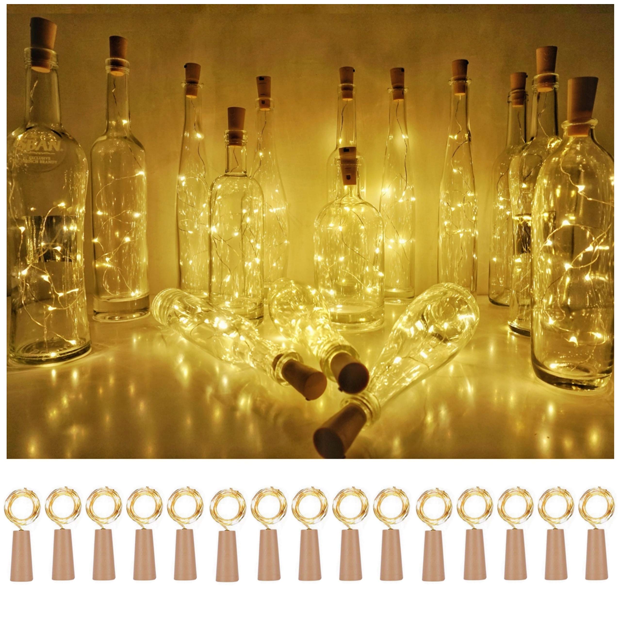 SmilingTown Wine Bottle Cork Lights, 15-Pack, 10 LED, 40 Inches, Copper Wire, Warm White, Model BCL-ww, Fairy Mini String Lights