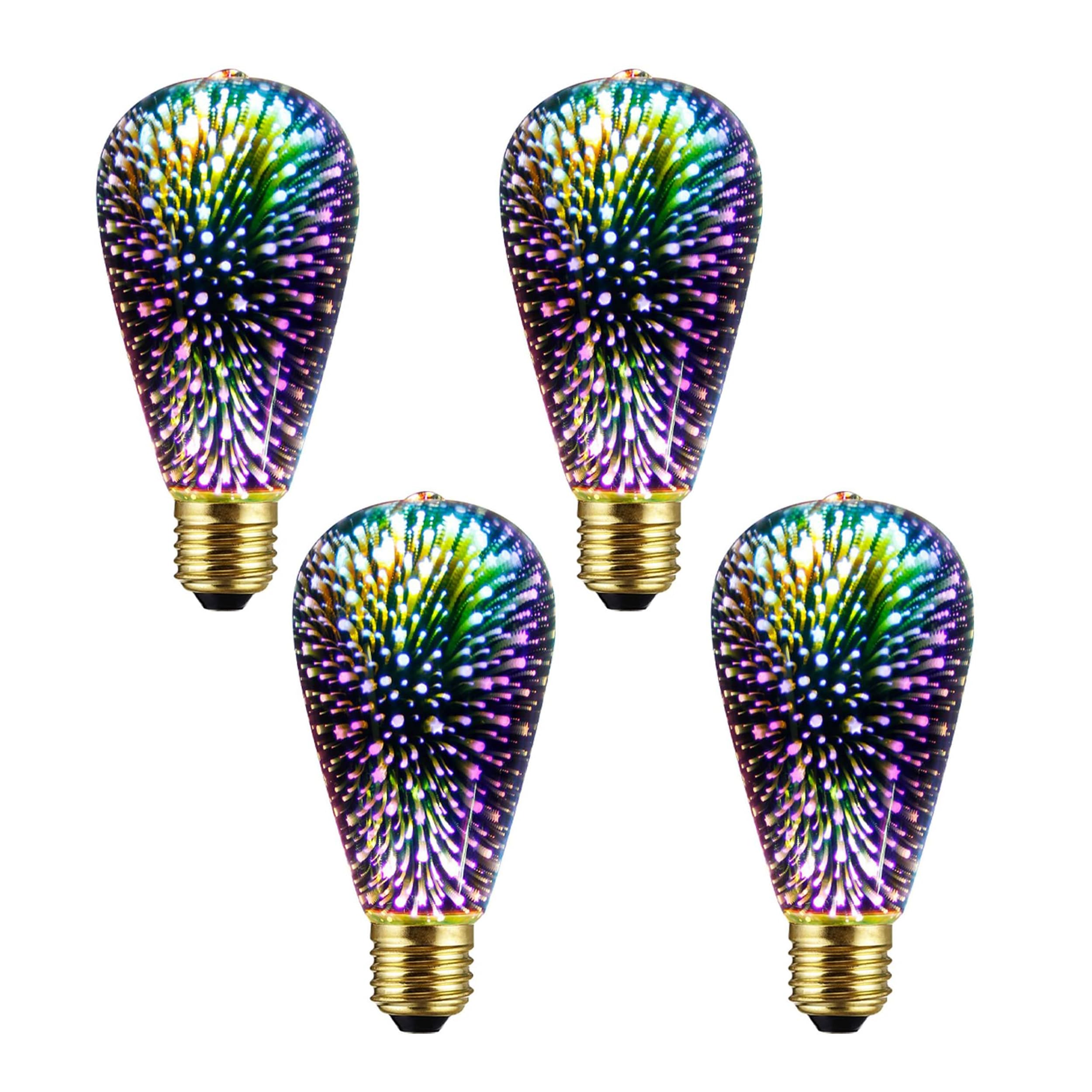 4 Pack Infinity 3D Fireworks Effect St19 Led Light - 3W 120V Fairy Multicolor Disco Party Bulb, Stain Glass Colorful Firework Li