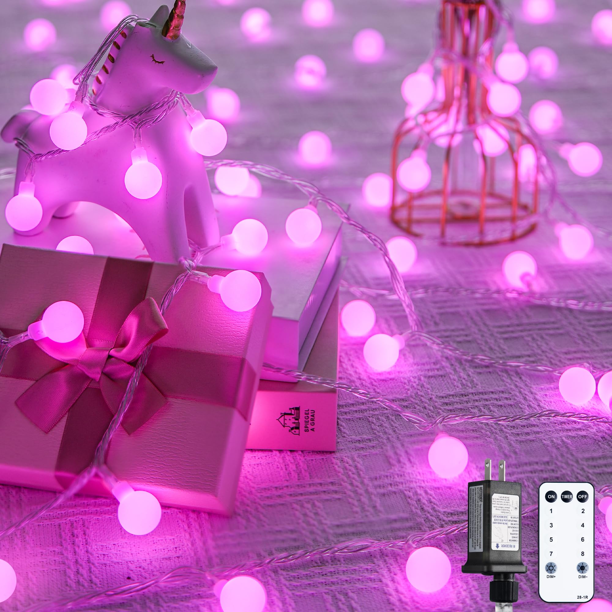 JMEXSUSS Pink Globe String Lights, 100 LED Indoor Outdoor Fairy Lights, 33ft Plug-in for Valentines Day Decor, Model EXS-S-0100-R