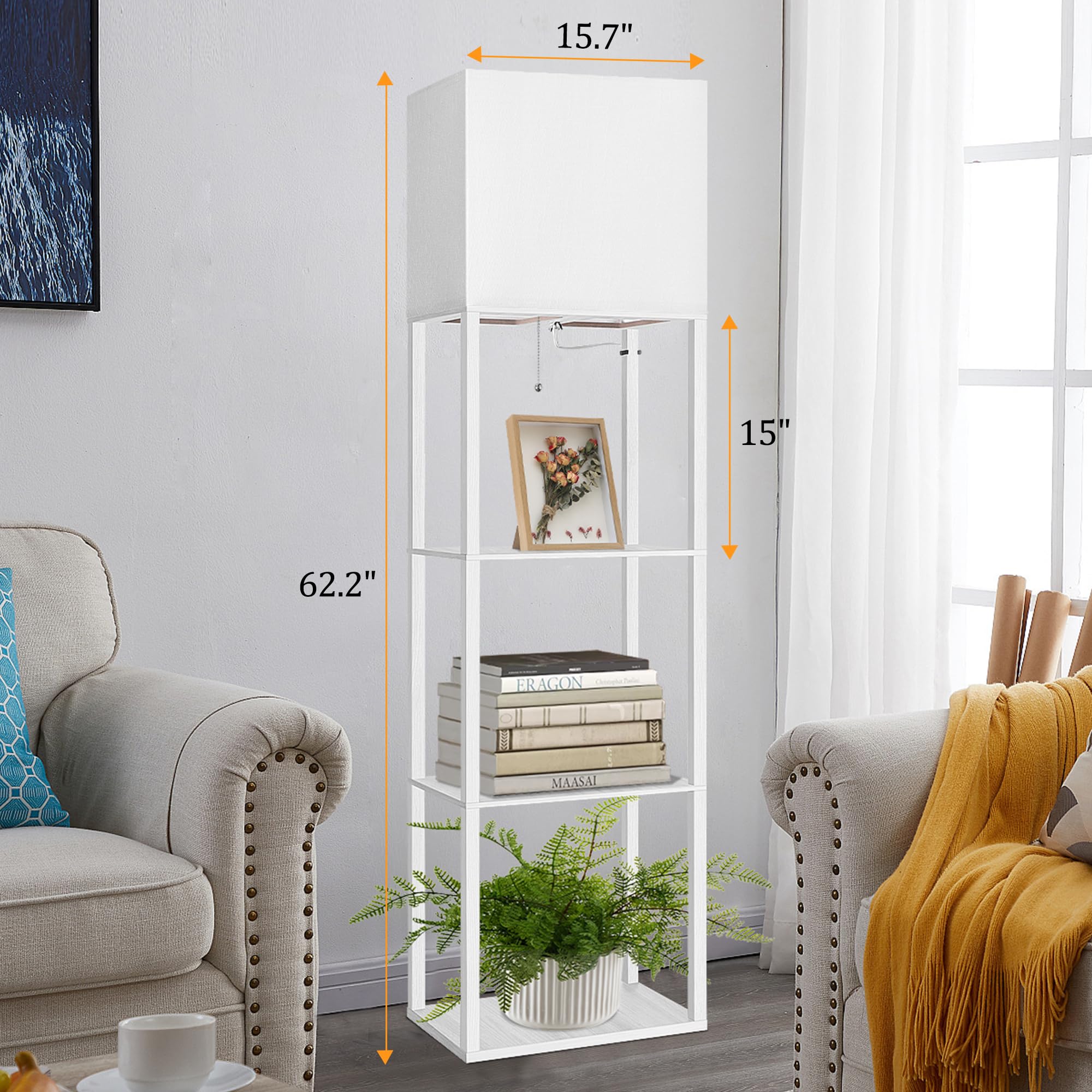 Dott Arts Floor Lamp with Shelves, 15.7in Wide, Wood, White, Model WLM1600-FLA-15W-12, 3 Color LED Bulb