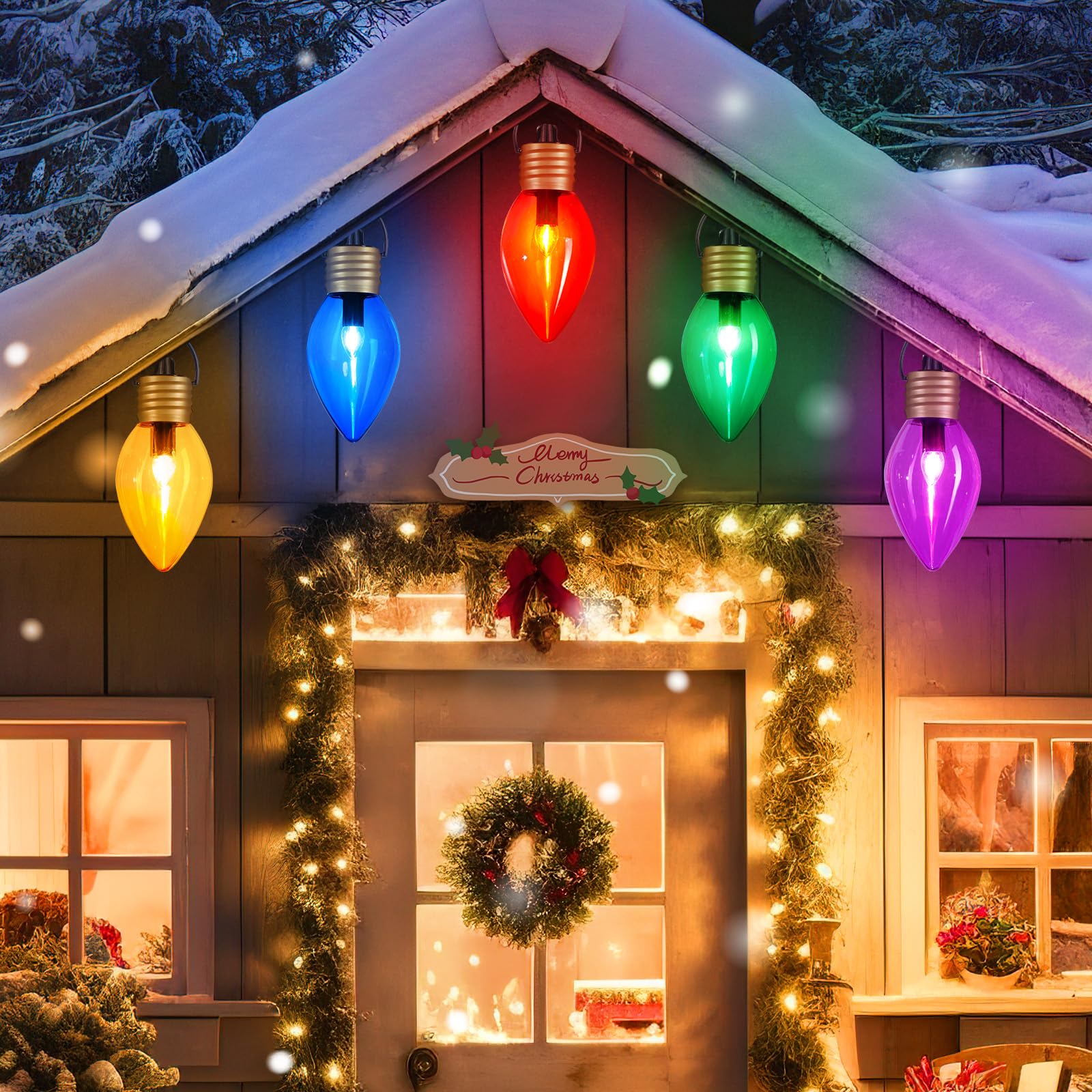 Minetom Christmas Lights Jumbo C9 Outdoor Lawn Decorations with Pathway Marker Stakes, 8.5 ft C7 Lights Covered Jumbo Glitter Mu