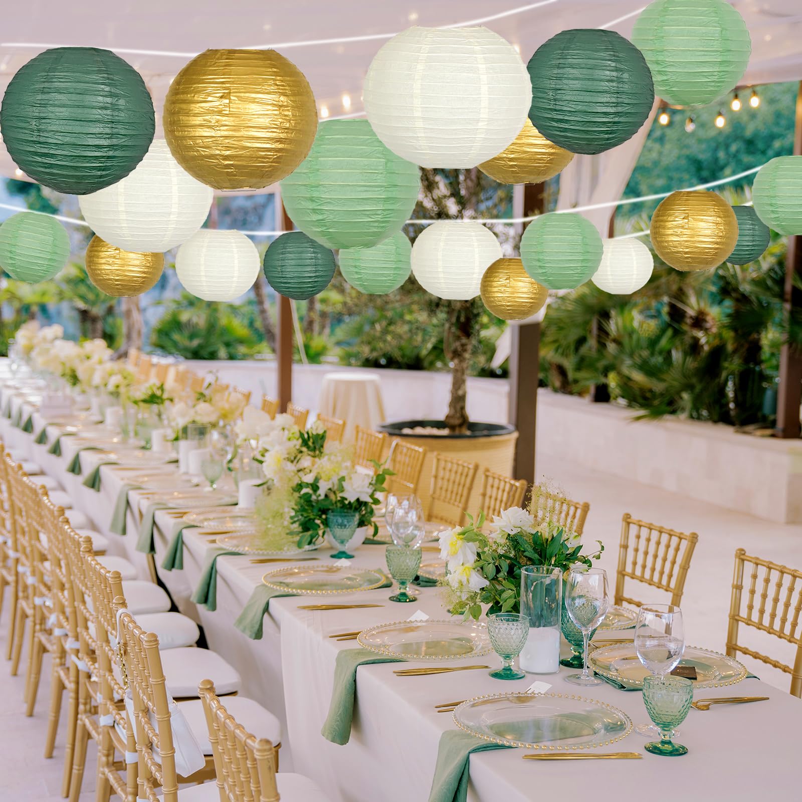 Adlkgg Sage Green Gold Paper Lanterns Decorative, Round Hanging Paper Lanterns For Graduation Wedding Bridal Shower Birthday Par