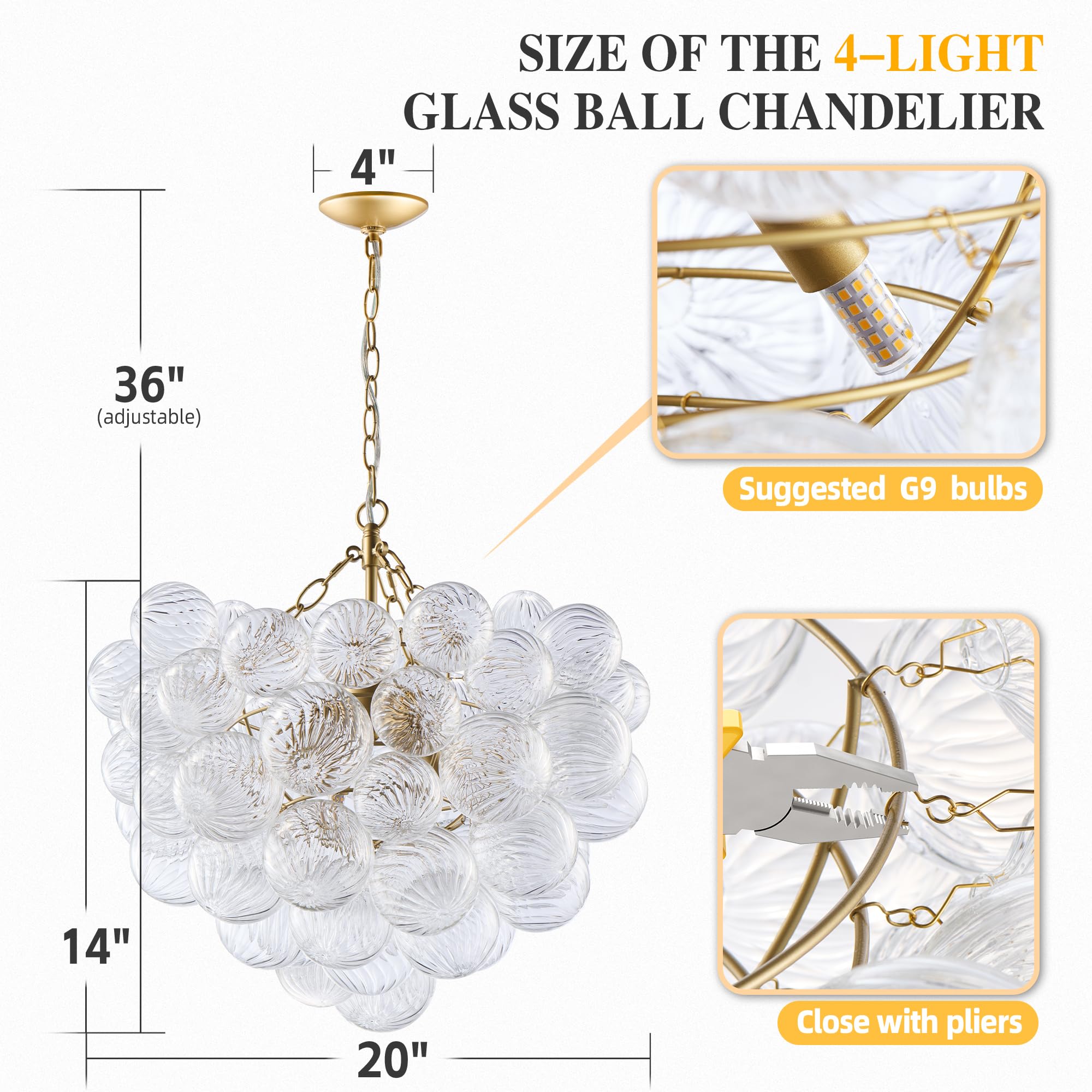 Beypan Gold Bubble Chandelier Lighting Dia 20" Swirled Clear Ribbed Hand Blown Glass Ball Chandeliers Hanging Decorative Light Fixture For Living Room Hallway Entryway Foyer Dining Room