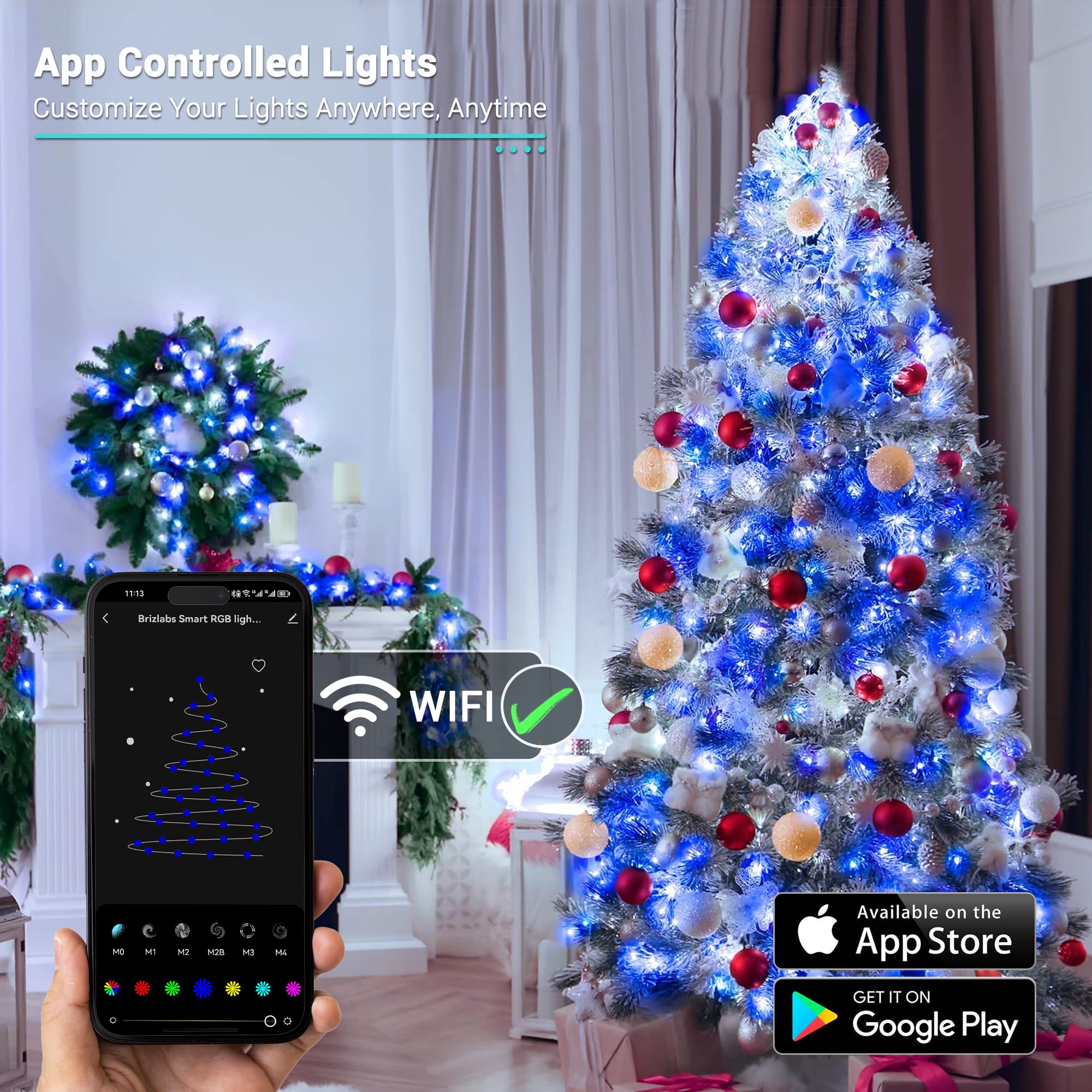 Brizled Smart WiFi Christmas Lights, 99ft 300 LED Smart Color Changing Halloween Lights APP Control, RGB Christmas Tree Light Wo
