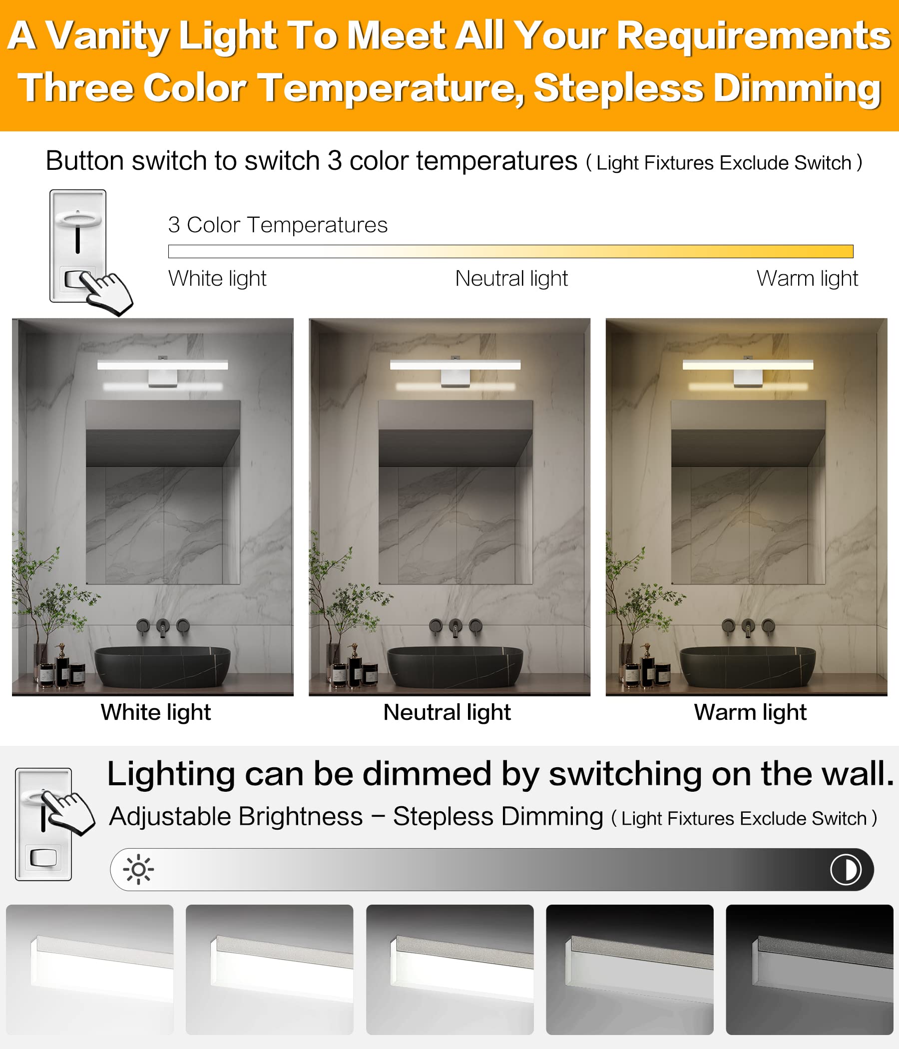 Solfart 23.6 Inch 3 Color Temperature Dimmable Modern Adjustable Light For Bathroom Lighting Fixtures Led Modern Silver Vanity L