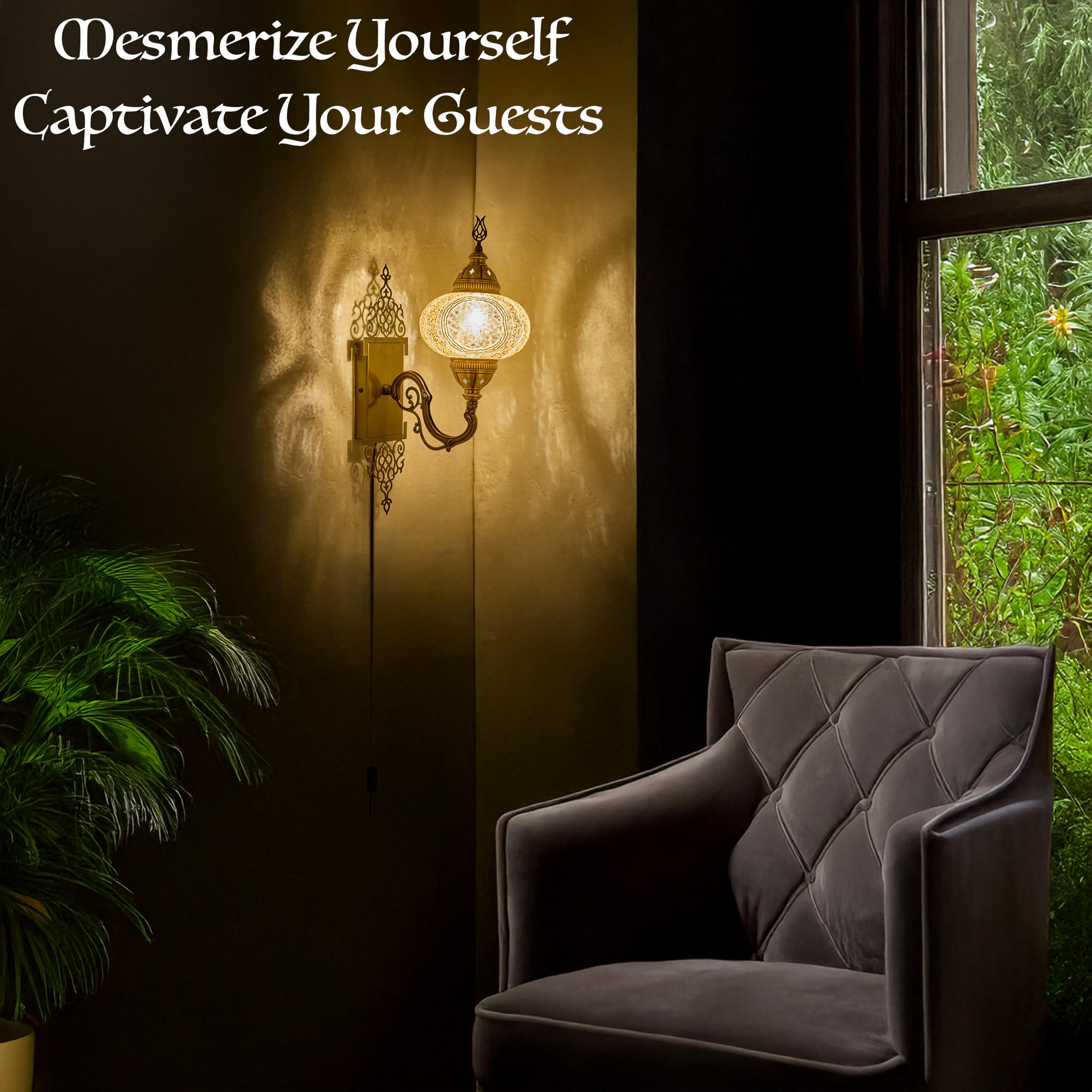 Demmex Turkish Moroccan Tiffany Style Mosaic Wall Sconce Lamp Light, Big Size Globe, Decorated Brass Body, Handmade, 15X5 Inches