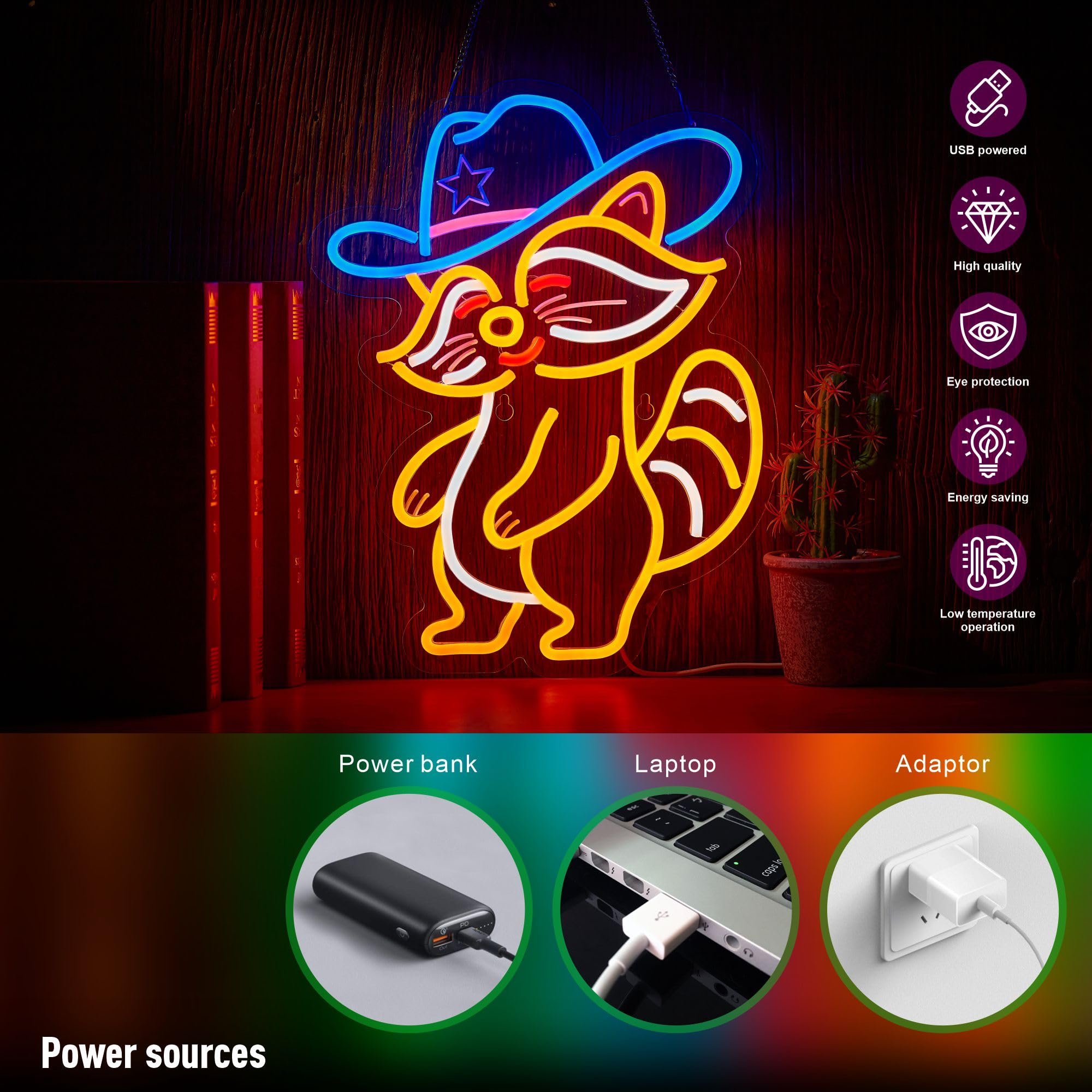NEONLAND Cowboy Racoon Neon Sign LED Light USB Powered Dimmable 16.5 x 12.6 inches Racoon Orange