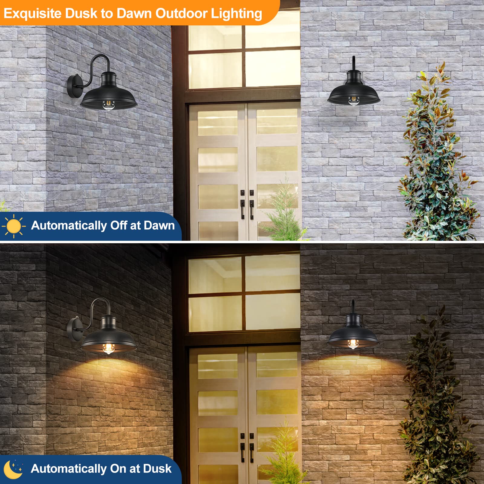 Tobusa 2-Pack Dusk To Dawn Black Gooseneck Wall Sconces - Vintage Outdoor Barn Light Fixture