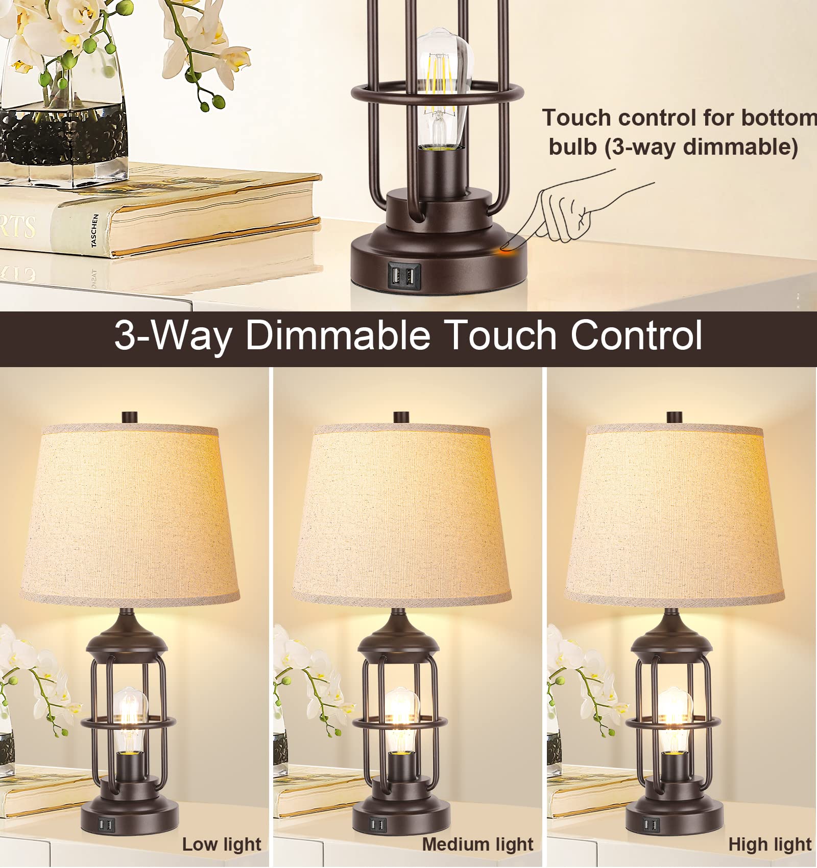QiMH Table Lamp Set of 2, USB Ports, Touch Control, 3-Way Dimmable, Metal, Beige, Rustic Nightstand Lamps for Living Room Bedroom Decor