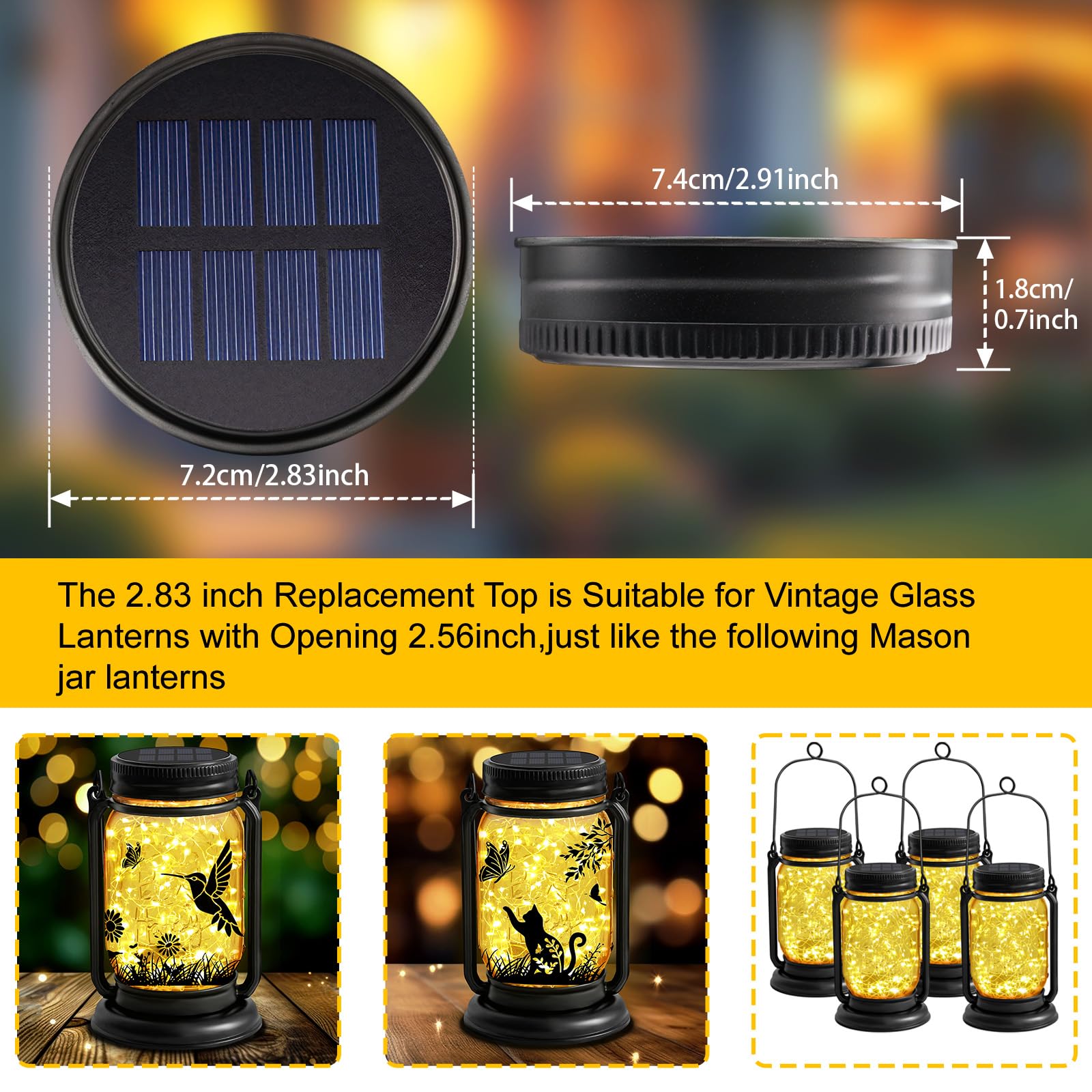 YJFWAL Solar Light Replacement Tops - 2 Pack, Black Plastic Parts for Mason Jar Lanterns, Outdoor Waterproof Fairy Lights