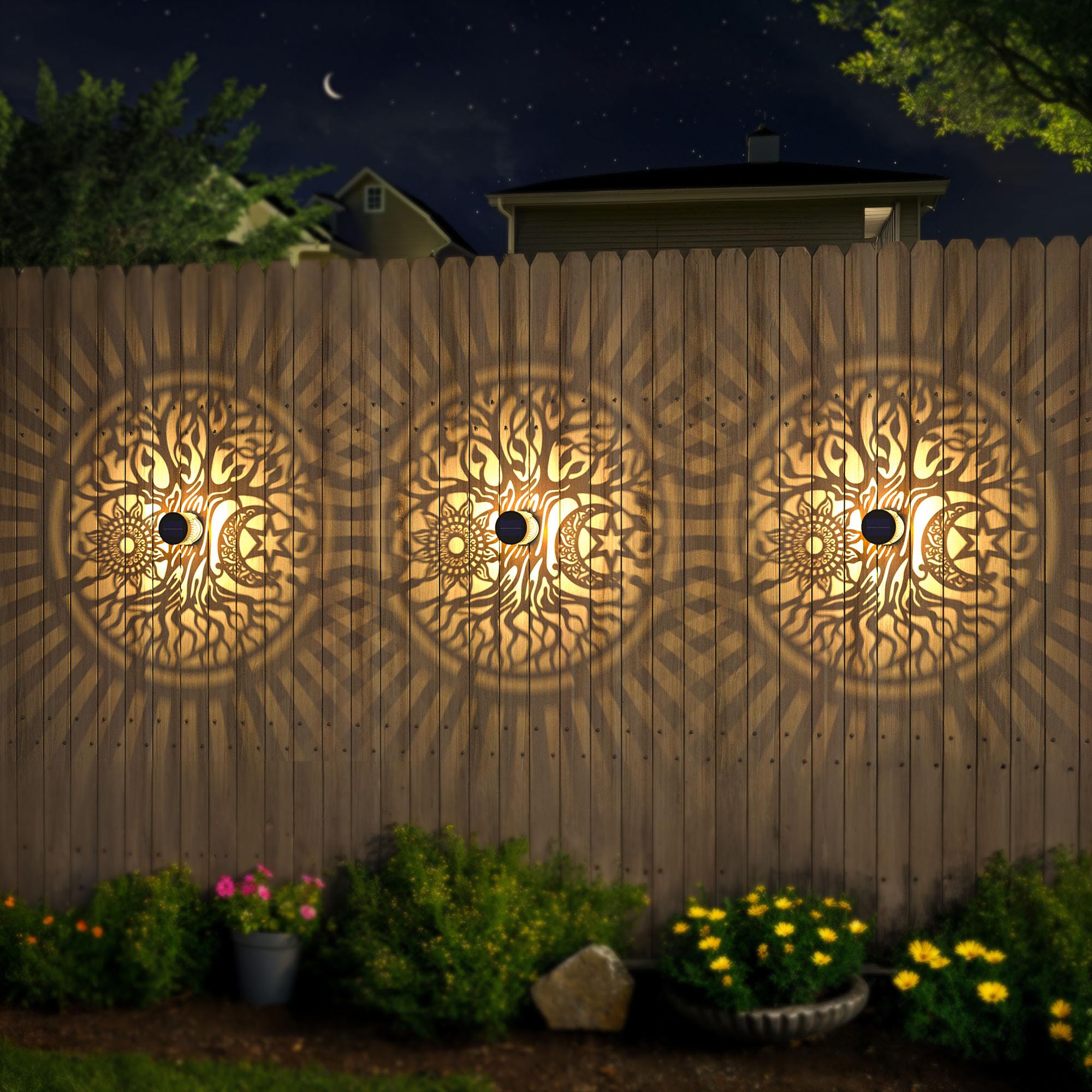 Gardencave Solar Fence Lights, Metal, Waterproof, 2 Pack, Tree-L, Model Fence1, Outdoor Wall Deck Step Lights for Garden Decor