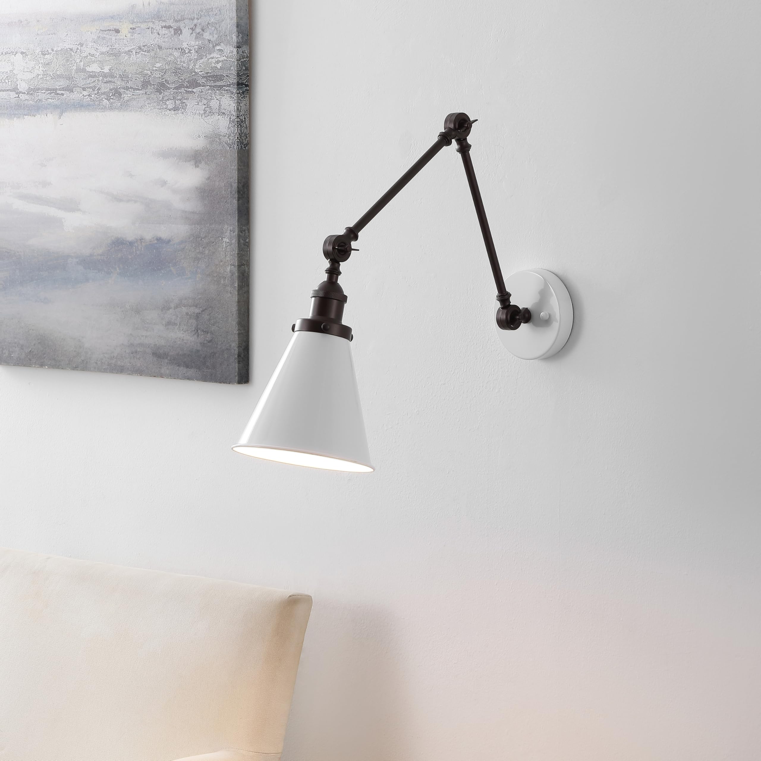 Jonathan Y Jyl7462C Rover 7'' Classic Industrial Metal Adjustable Arm Led Wall Sconce, White/Oil Rubbed Bronze For Bedroom, Bath