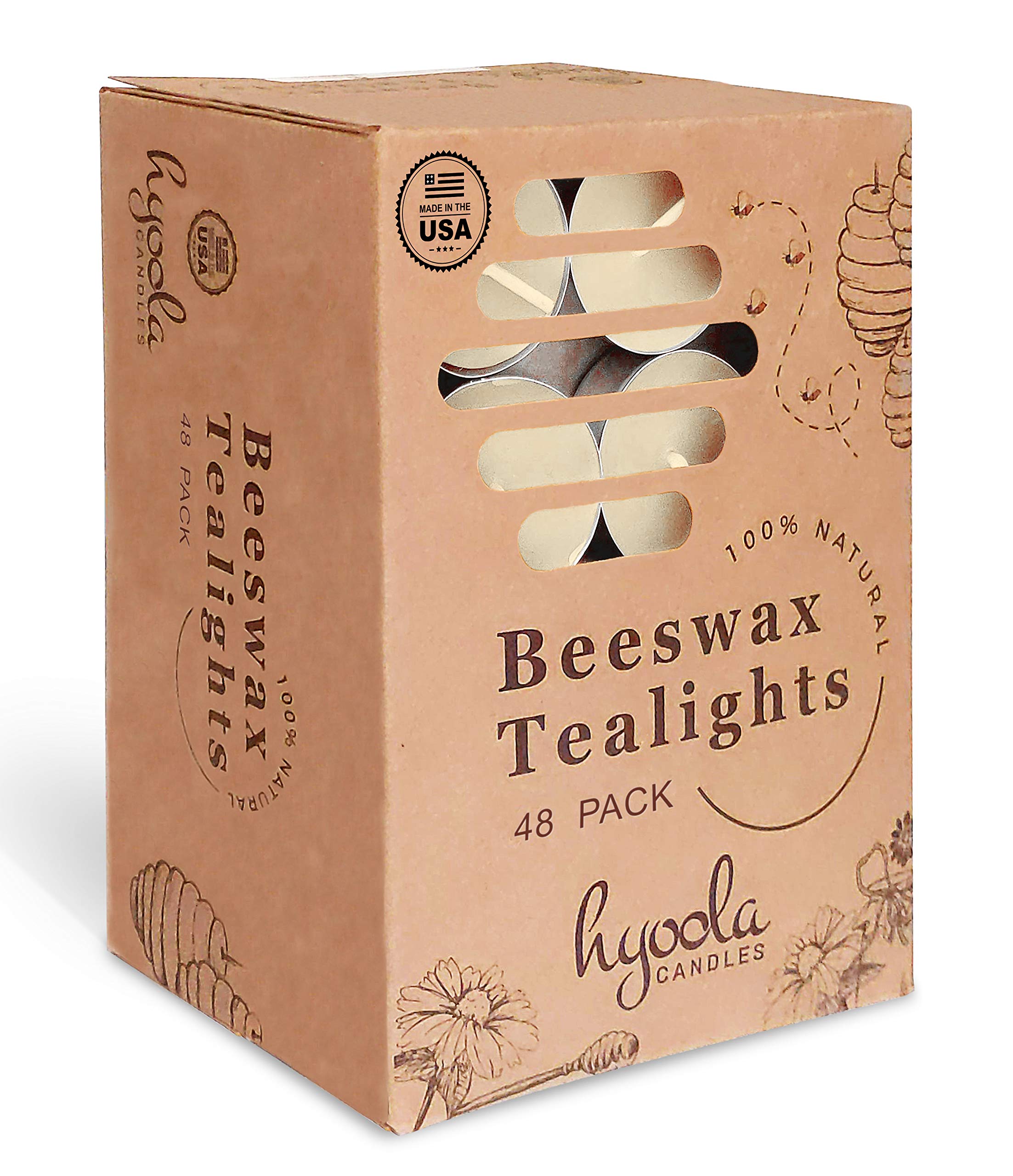 Hyoola White Beeswax Tealight Candles - 100% Pure Natural - 48-Pack - Aluminum Cup - Model H11773