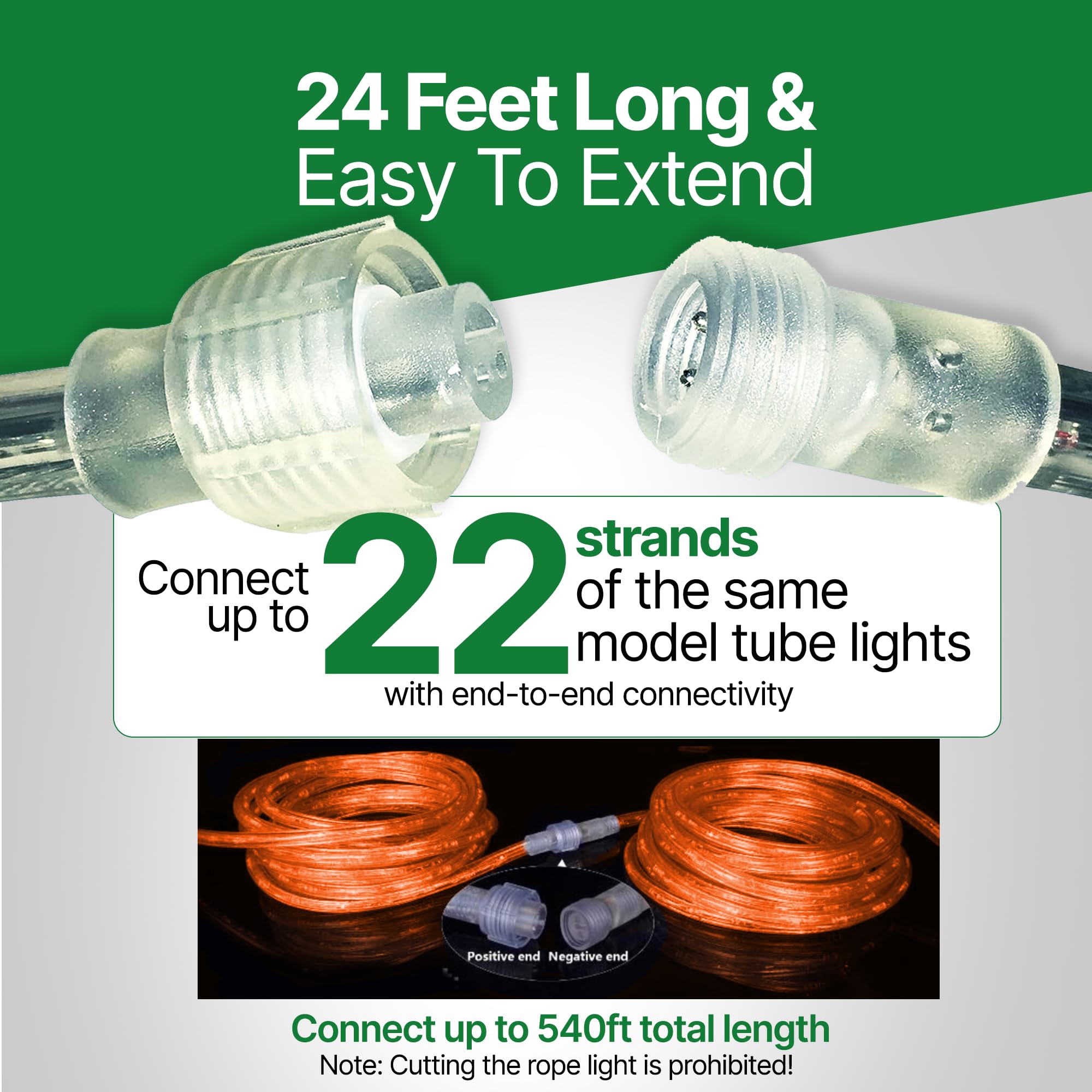 Tupkee LED Rope Light - 24 Feet, 10MM Diameter, 144 Long Life Bulbs, Orange, Indoor/Outdoor Use, Model E237798, Pack of 2