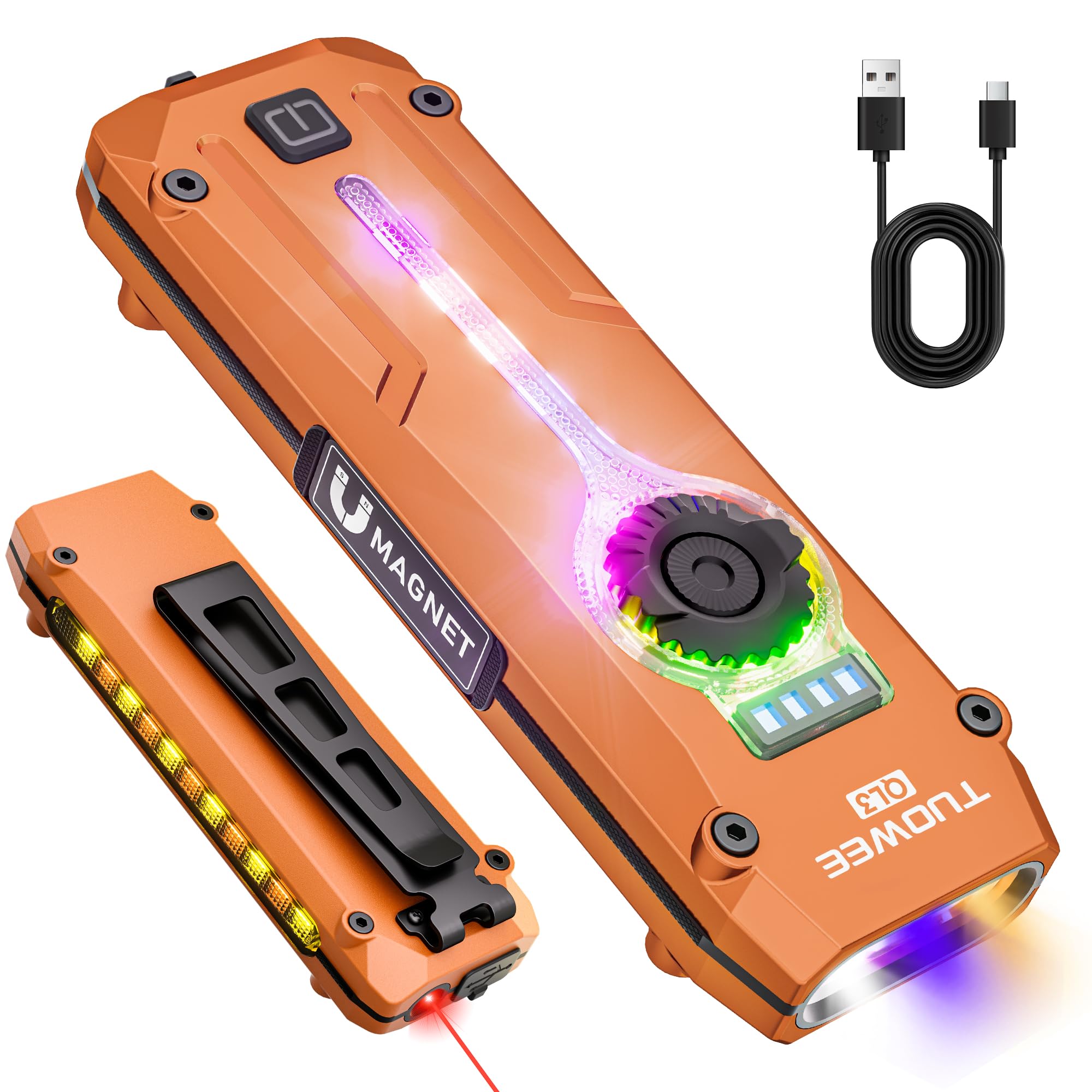 TUOWEE Flat EDC Flashlight Rechargeable, 1200 High Lumens 4-Source Small Flashlight with U V RGB, Stepless Dimming Rotary Wheel,