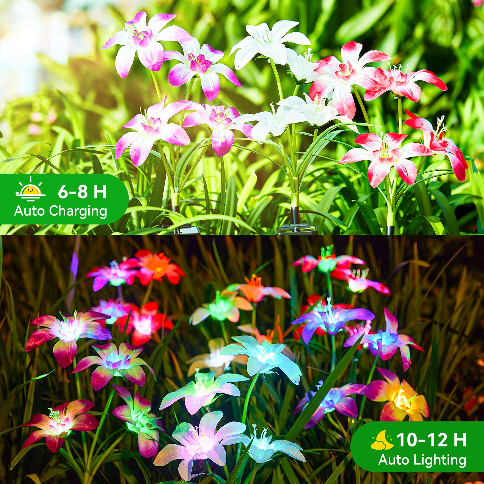 WdtPro Solar Garden Lights, 8 Pack RGB with 32 Lily Flowers, Waterproof, Multicolor, Model TFL001