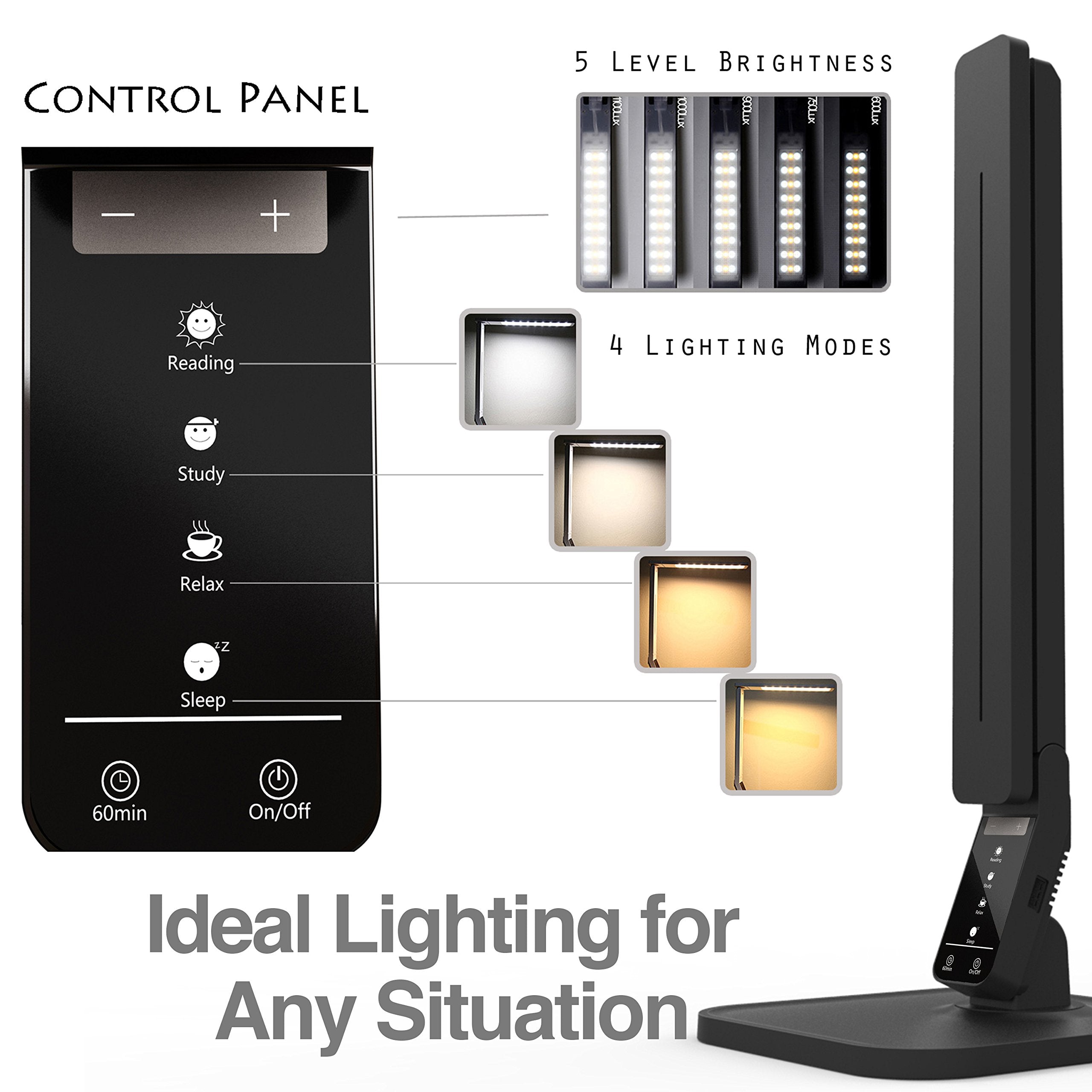 Lampat Dimmable LED Desk Lamp - 4 Lighting Modes, 5-Level Dimmer, Touch Control, USB Port, Piano Black, Model LS-560