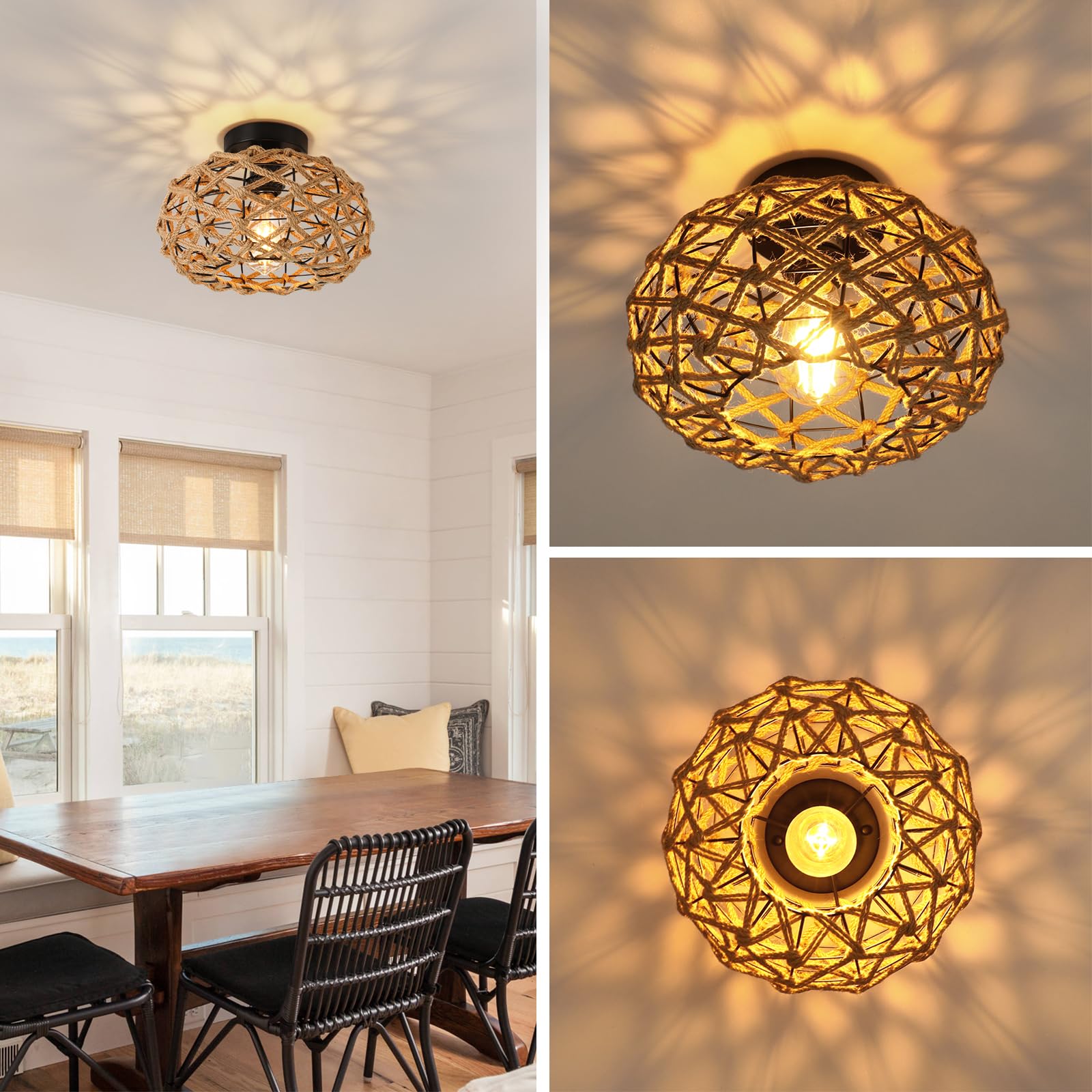 Foucasal Rattan Ceiling Light Fixture - Woven Wicker Semi Flush Mount For Coastal Boho Decor