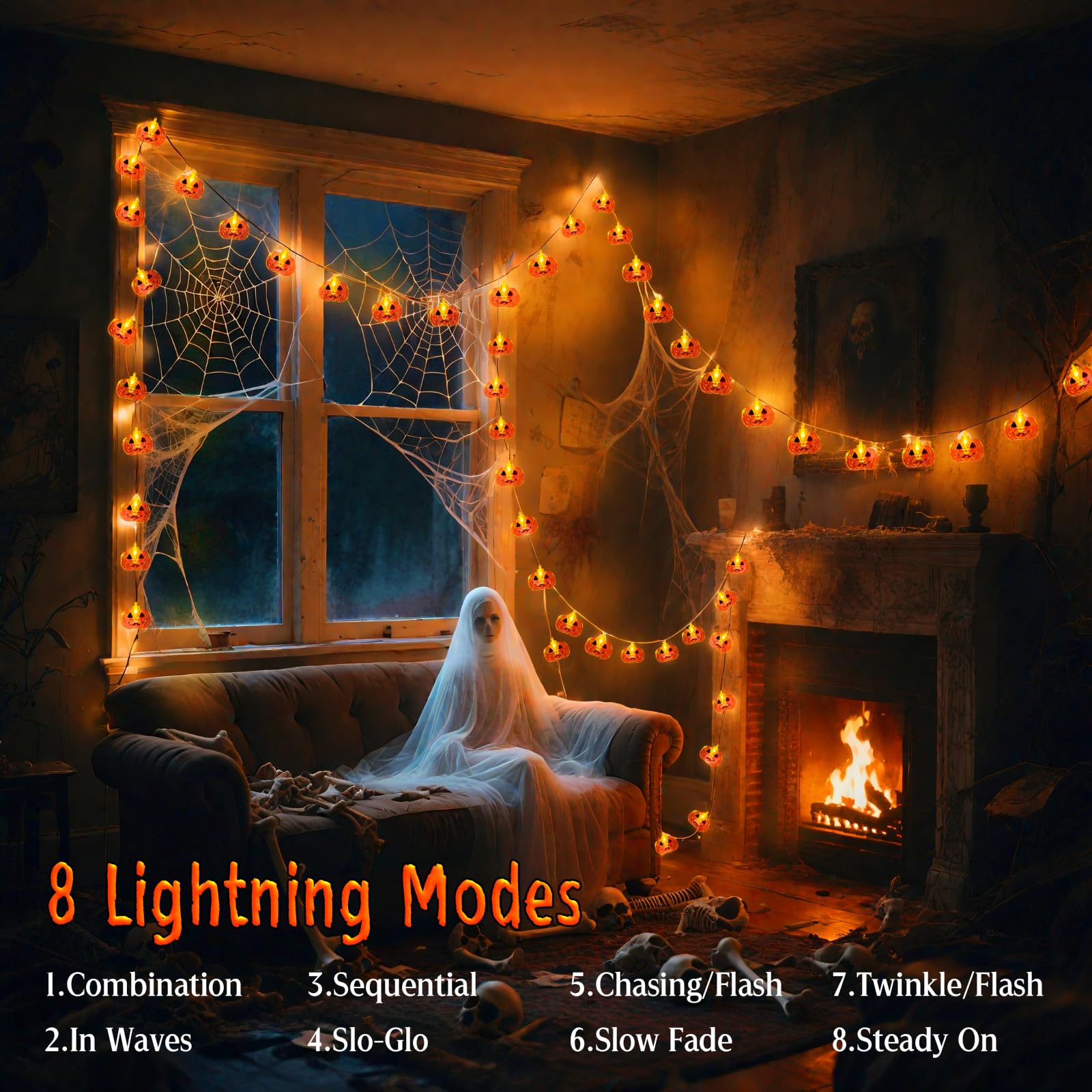 FFZZKJ Halloween Lights 10FT 20LED Battery Operated, 8 Modes, Indoor Outdoor Pumpkin Decor, Orange, Model NG-3M