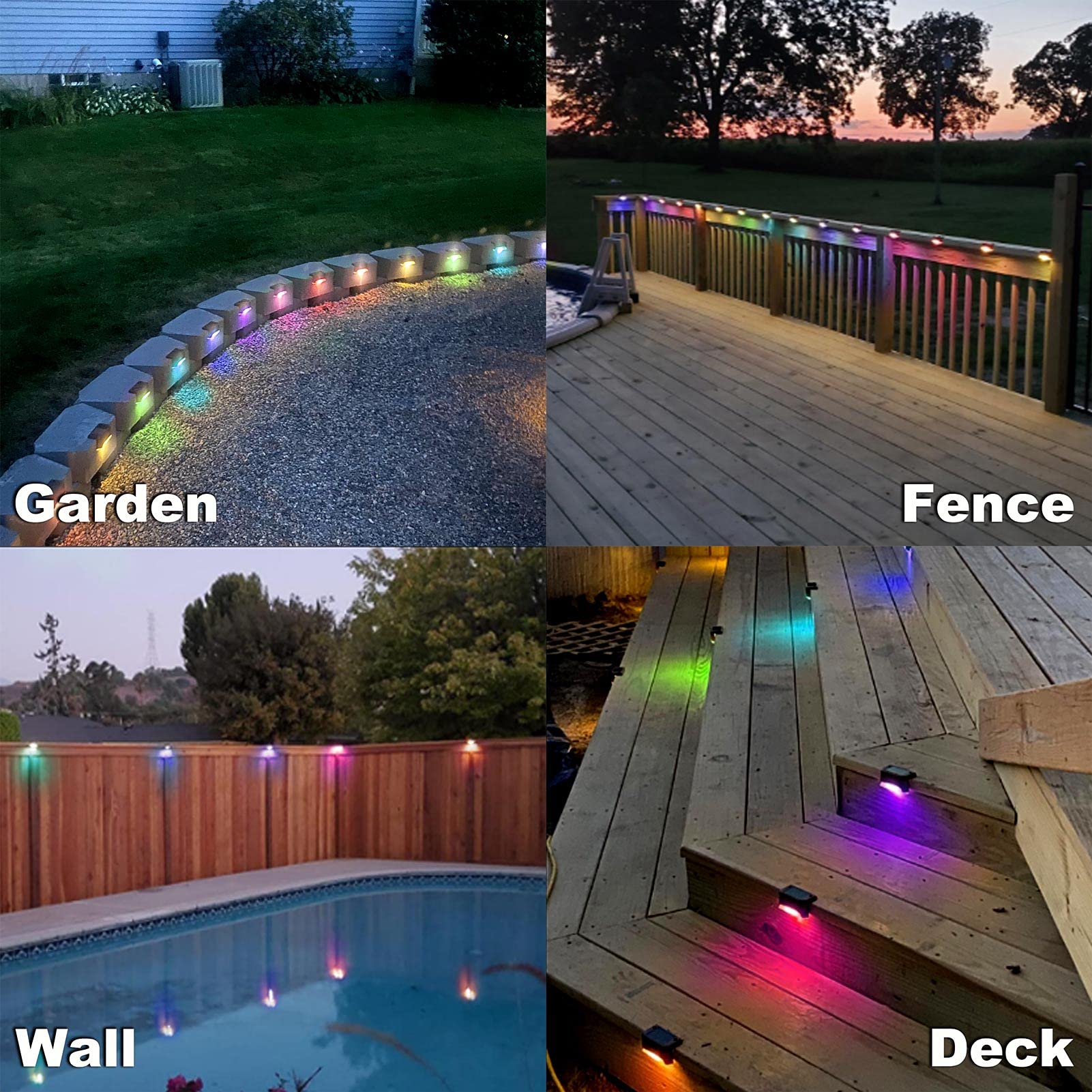 DenicMic 16 Pack Waterproof LED Solar Step Lights - Multicolor Outdoor Decoration for Decks, Stairs & Patios (Model CL-STEP01)
