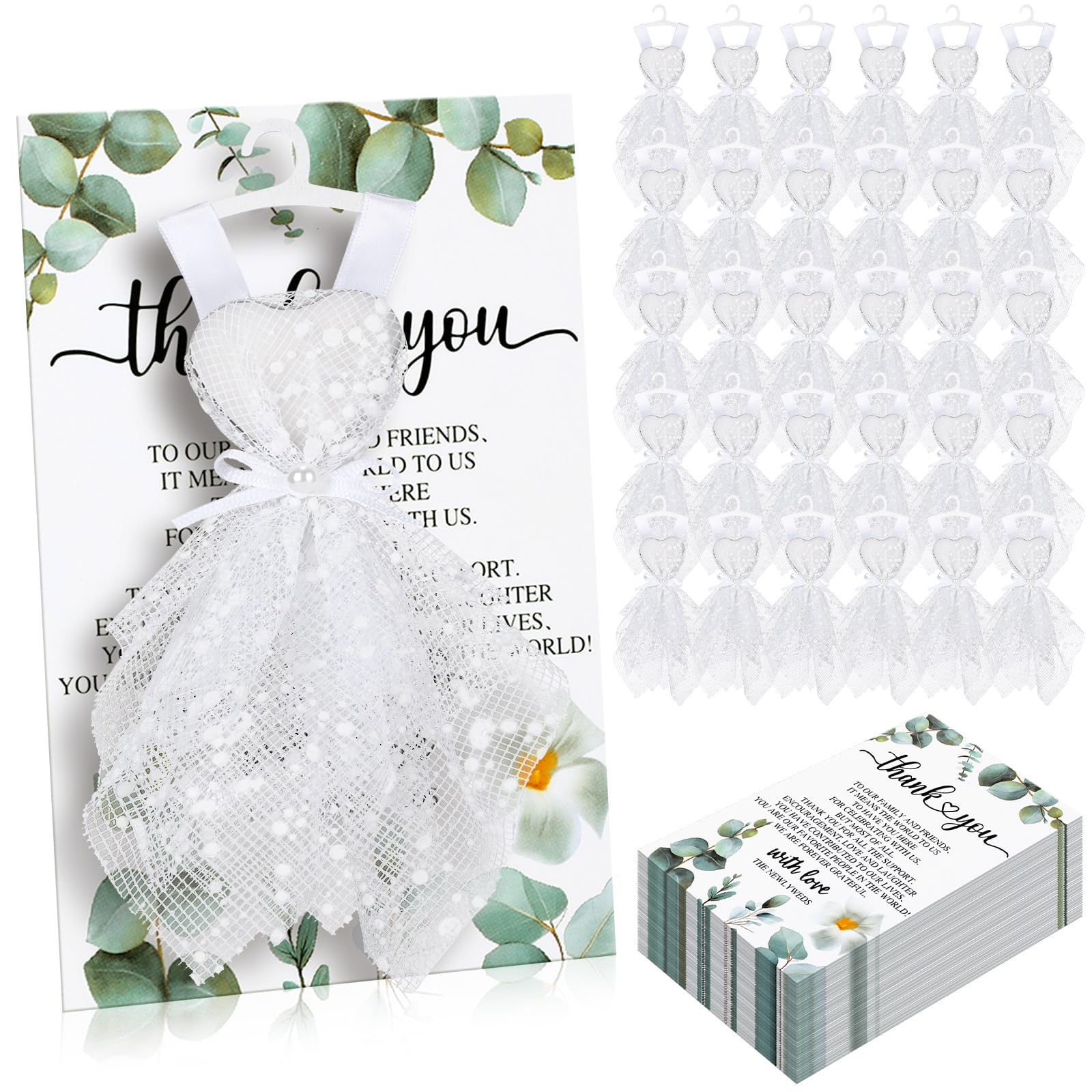Conelist 50 Sets Wedding Party Favors for Guests Bulk Creative Gift Mini Wedding Dresses with Mini Heart Tea Lights Candles Thank You Cards Tea Lights for Bridal Shower Party