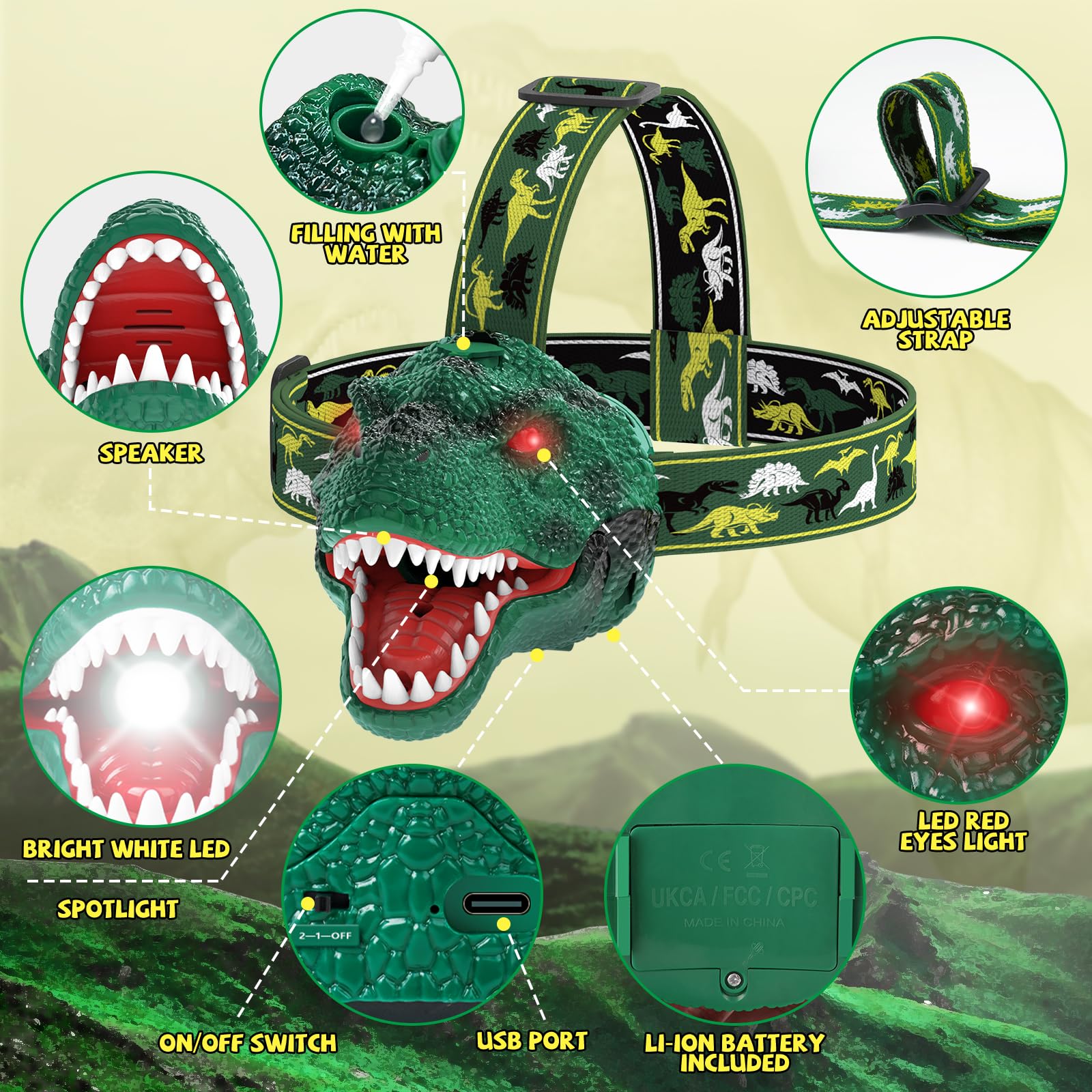 Nitigo Spray Dinosaur Headlamp For Kids Flashlight 2 Pack, Rechargeable Led Headlights Roar & Silent Mode, T-Rex Dinosaur Toys, Camping Gear, Gifts For Boys Girls Adults