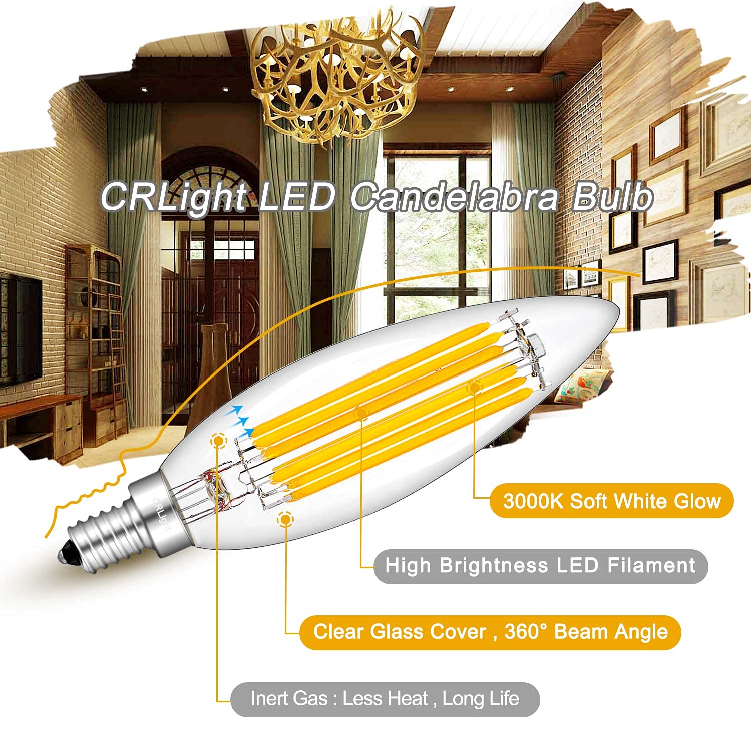 Crlight 10W Dimmable Led Candelabra Bulb 3200K Soft White, 900Lm E12,