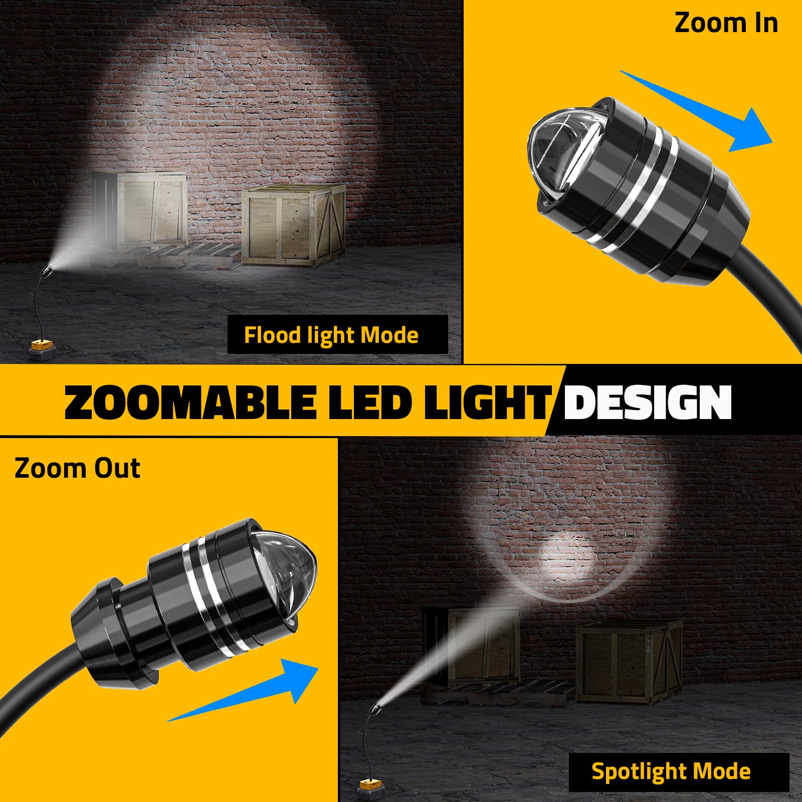 2Pcs Led Work Light For Dewalt 20V Battery, 20W 2000Lm Led Light Flood Light, 12'' Flexible Gooseneck, Flashlight Battery Light