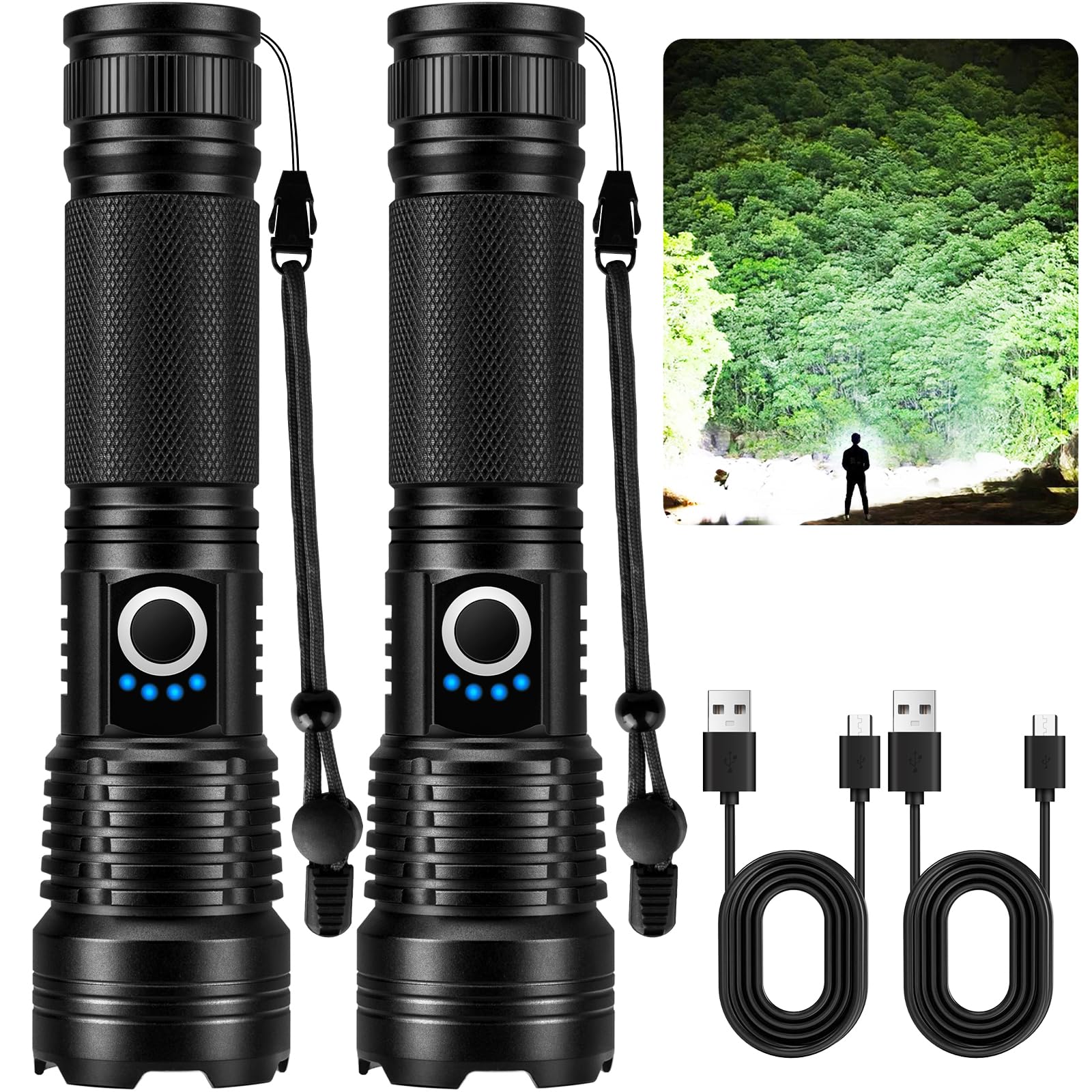 MILAOSHU Rechargeable Flashlights 90000 High Lumens - 2 Pack, LED, 5 Light Modes, IPX7 Waterproof, Black, Model M085