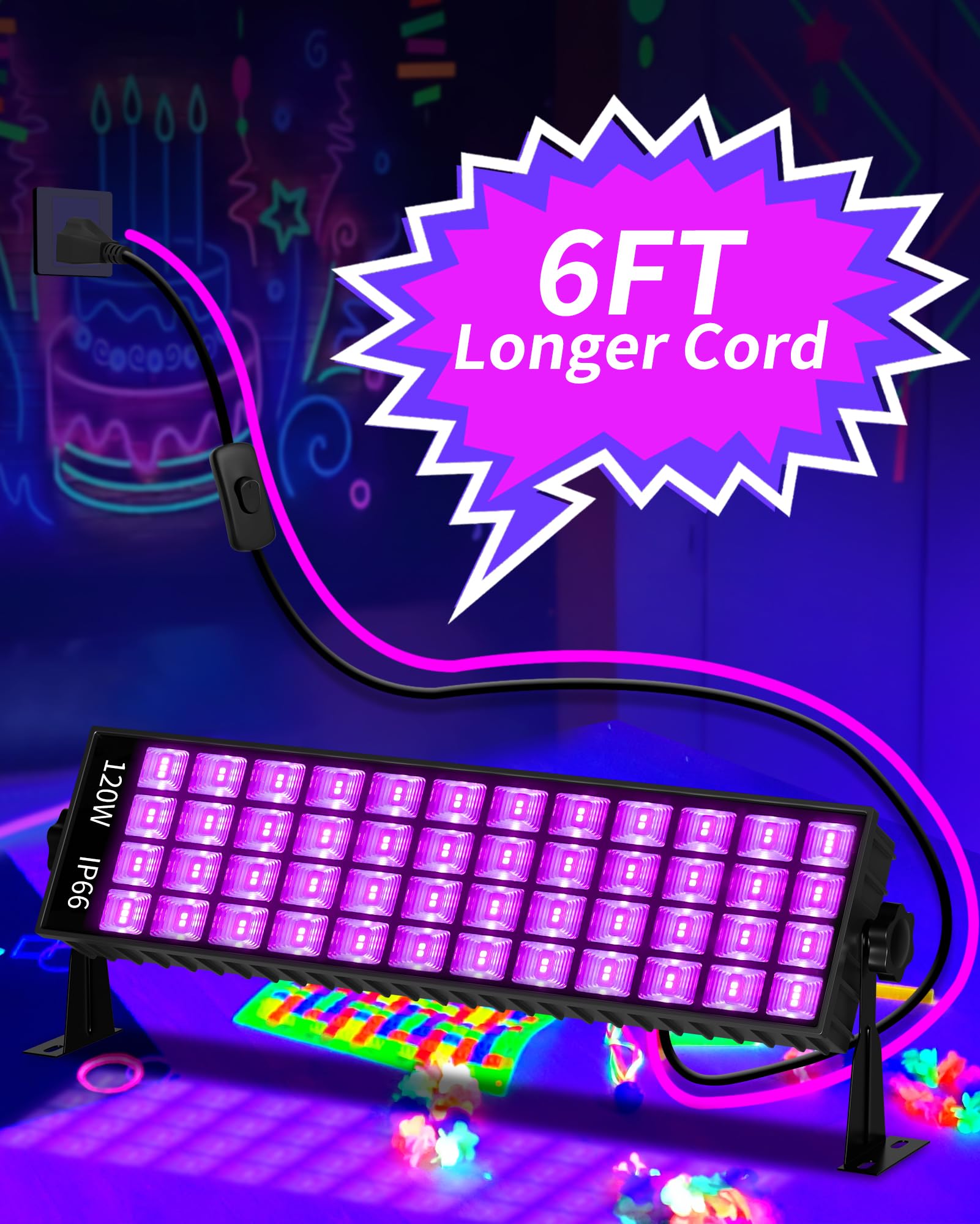 ISUERFY 120W LED Black Light Bar, Graphene Material, Flood Light with Switch, 6ft Cord, Covers 5000ft², Model SUER-BL120W-SMX