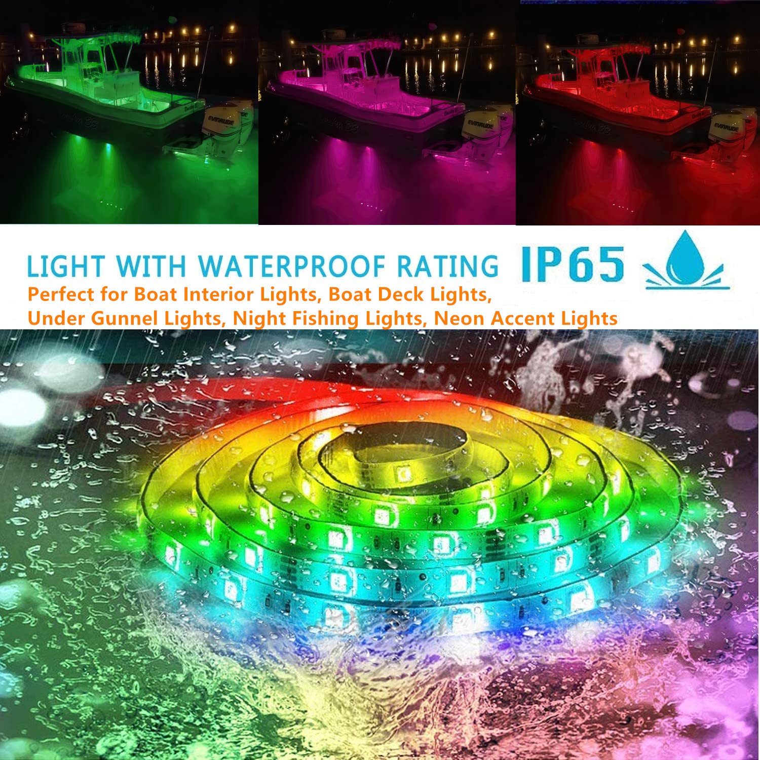 HOKIION 66FT LED Strip Boat Lights Kit - RGB Waterproof Multi-Color Marine Lighting, APP/Remote Control, Sound Music Sync, Model HK2648